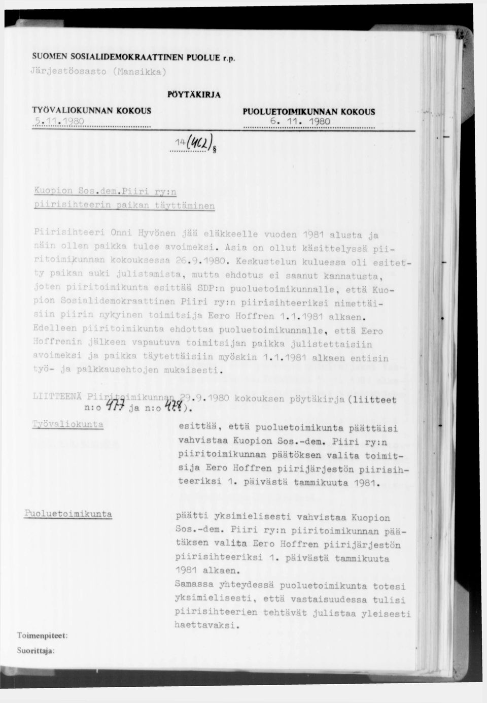 Piiri ry:n piirisihteeriksi nimettäi- Edelleen pi Lja Eero Hoffren 1.1.1981 aikai..i kunta ehdottaa puoluetoimikunnalle, että Eero Hoffrenin jälkeen vapautuva toimitsijan paikka julistettaisiin Irö-.