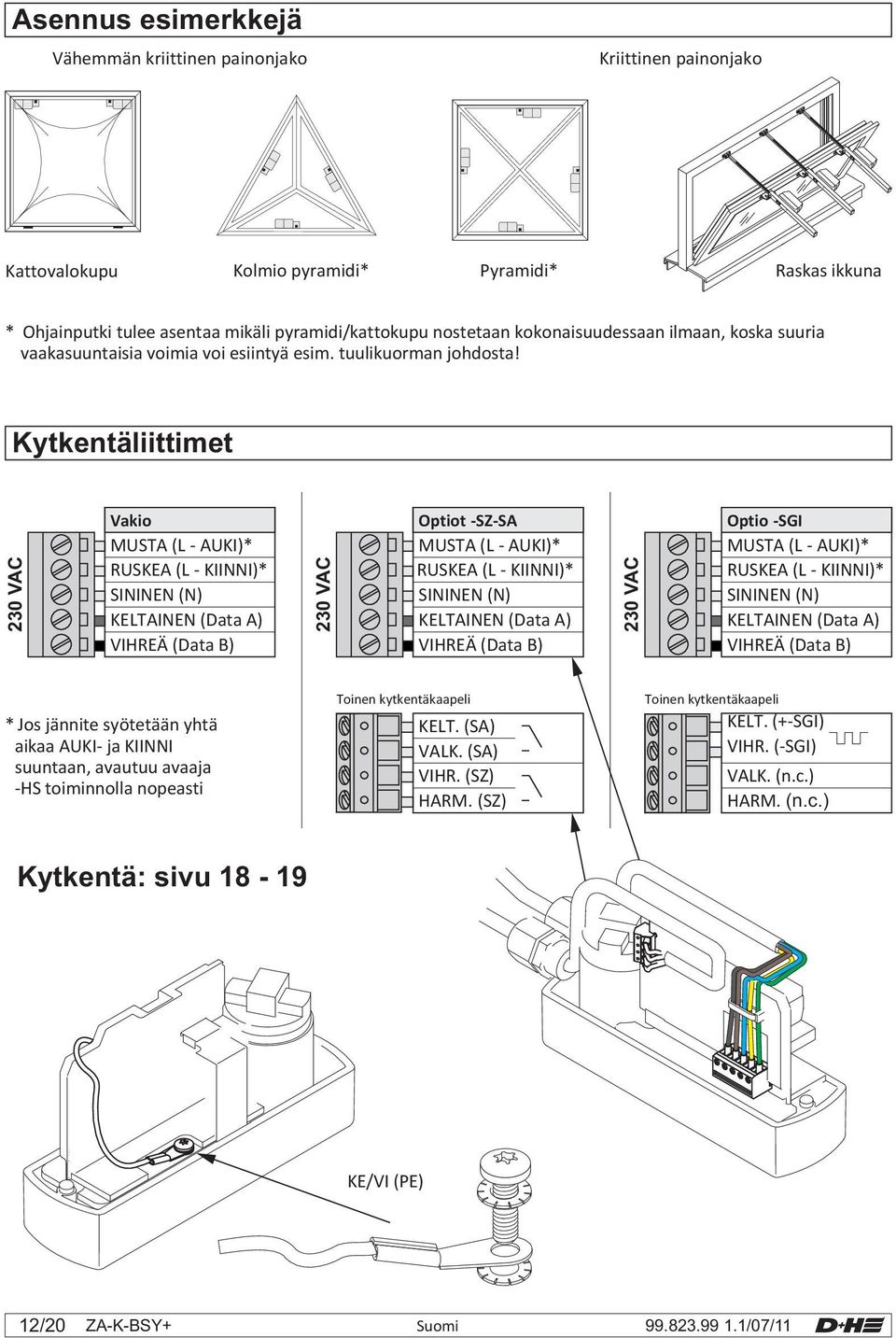 Kytkentäliittimet 230 VAC Vakio MUSTA ( - AUKI)* RUSKEA ( - KIII)* SIIE () KETAIE (Data A) VIHREÄ (Data B) 230 VAC Optiot -SZ-SA MUSTA ( - AUKI)* RUSKEA ( - KIII)* SIIE () KETAIE (Data A) VIHREÄ