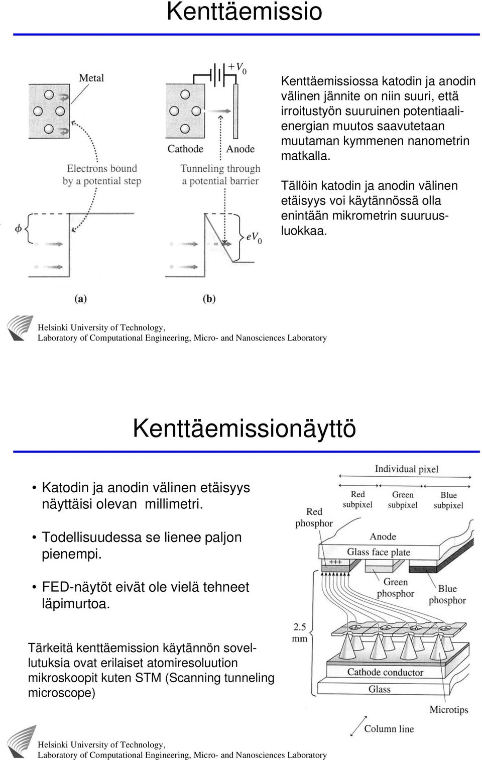 Kenttäemissionäyttö Katodin ja anodin välinen etäisyys näyttäisi olevan millimetri. Todellisuudessa se lienee paljon pienempi.