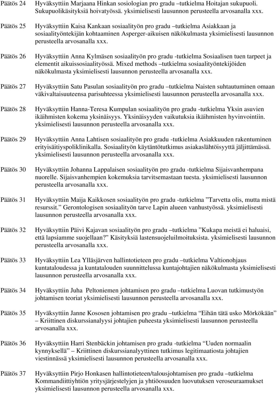 Hyväksyttiin Kaisa Kankaan sosiaalityön pro gradu tutkielma Asiakkaan ja sosiaalityöntekijän kohtaaminen Asperger-aikuisen näkökulmasta yksimielisesti lausunnon perusteella arvosanalla xxx.