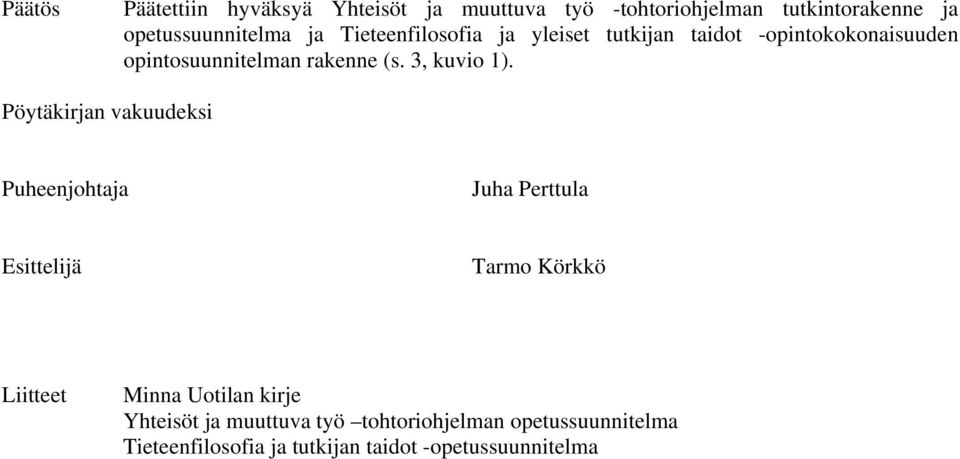 Pöytäkirjan vakuudeksi Puheenjohtaja Juha Perttula Esittelijä Tarmo Körkkö Liitteet Minna Uotilan kirje