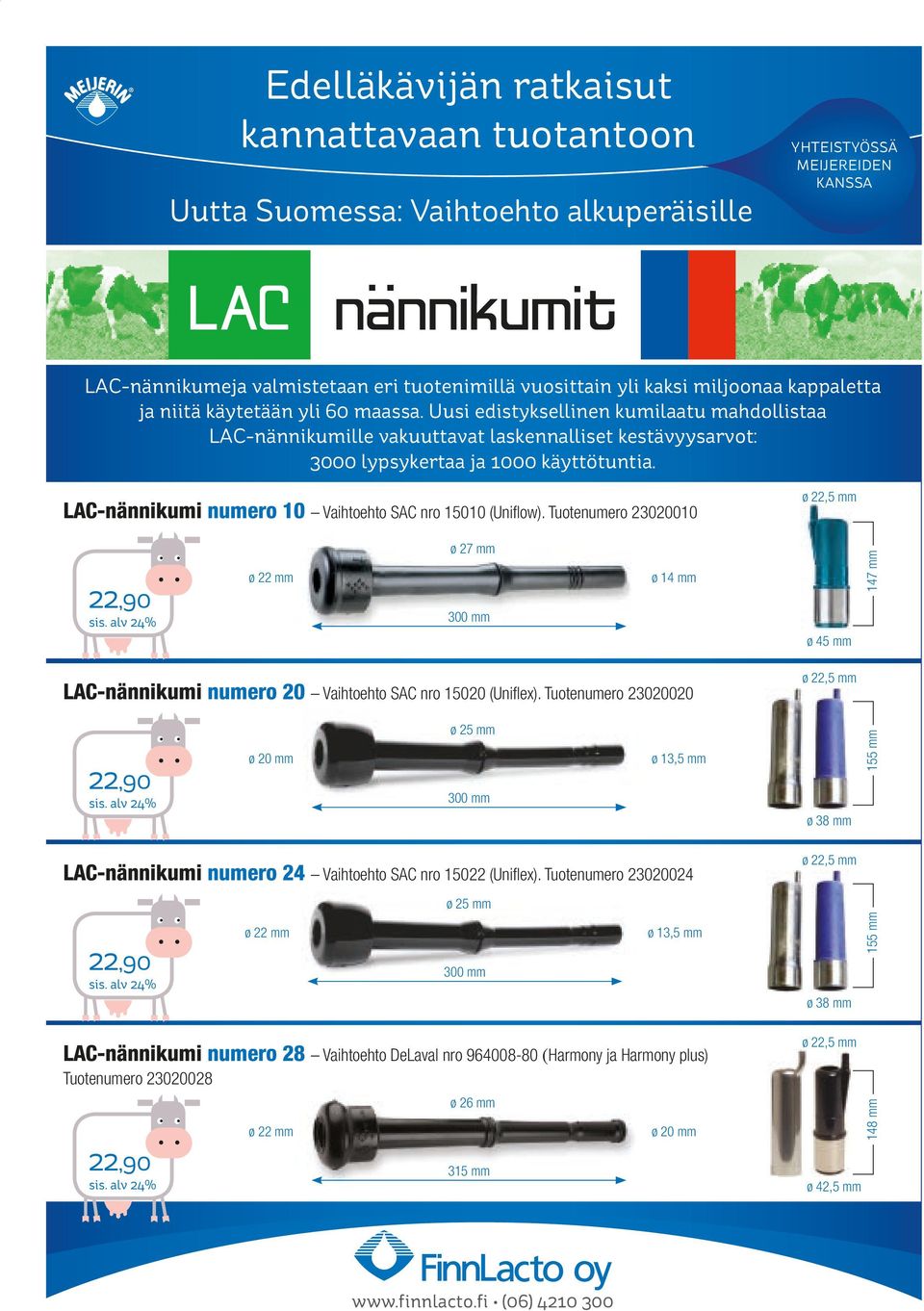 LAC-nännikumi numero 10 Vaihtoehto SAC nro 15010 (Uniflow). Tuotenumero 23020010 ø 22,5 mm 22,90 ø 22 mm 147 mm ø 27 mm ø 14 mm 300 mm sis.
