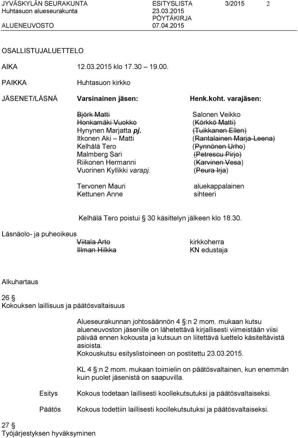 Tervonen Mauri Kettunen Anne Salonen Veikko (Körkkö Matti) (Tuikkanen Ellen) (Rantalainen Marja-Leena) (Pynnönen Urho) (Petrescu Pirjo) (Karvinen Vesa) (Peura Irja) aluekappalainen sihteeri Kelhälä