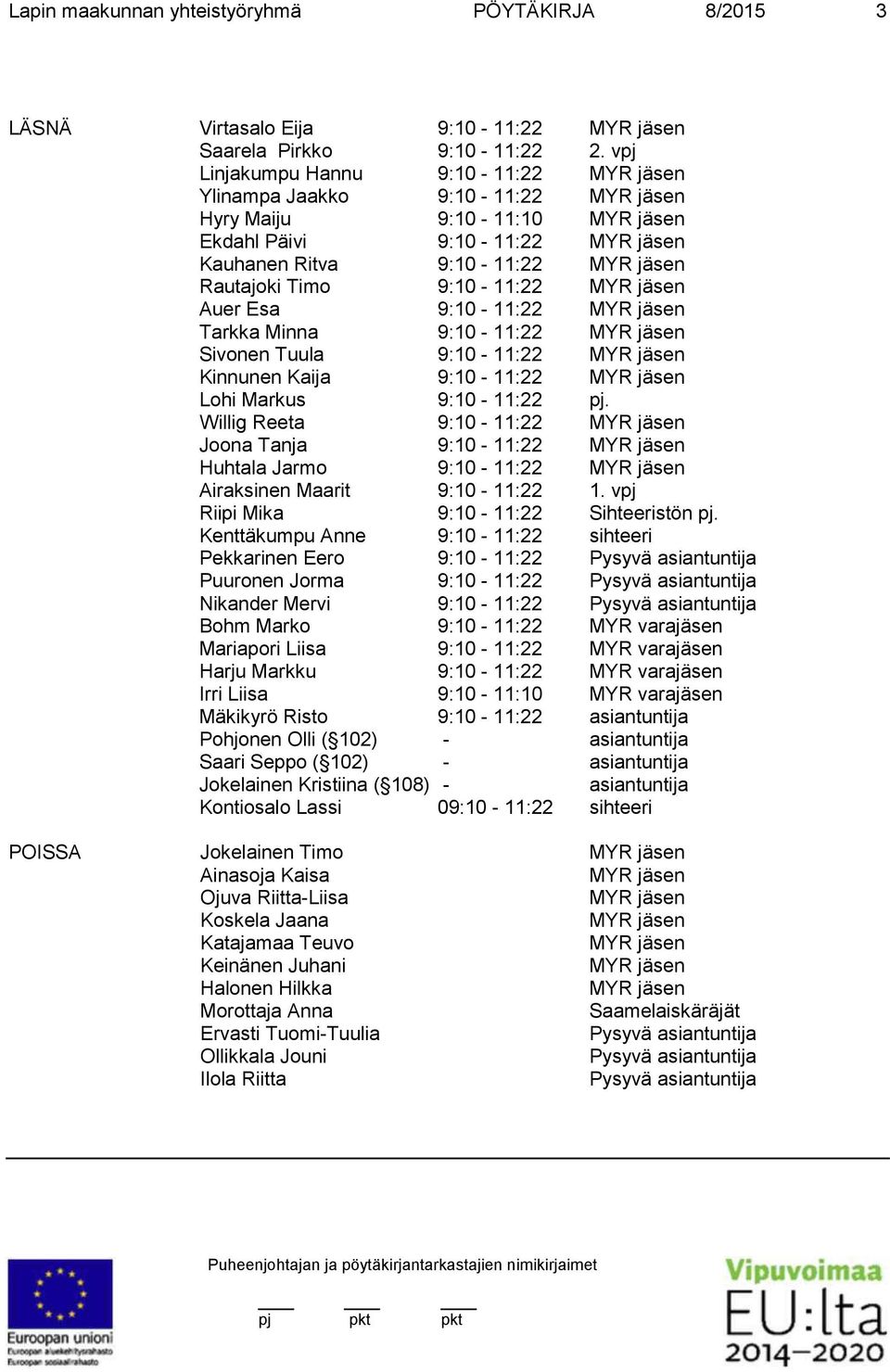 9:10-11:22 MYR jäsen Auer Esa 9:10-11:22 MYR jäsen Tarkka Minna 9:10-11:22 MYR jäsen Sivonen Tuula 9:10-11:22 MYR jäsen Kinnunen Kaija 9:10-11:22 MYR jäsen Lohi Markus 9:10-11:22 pj.
