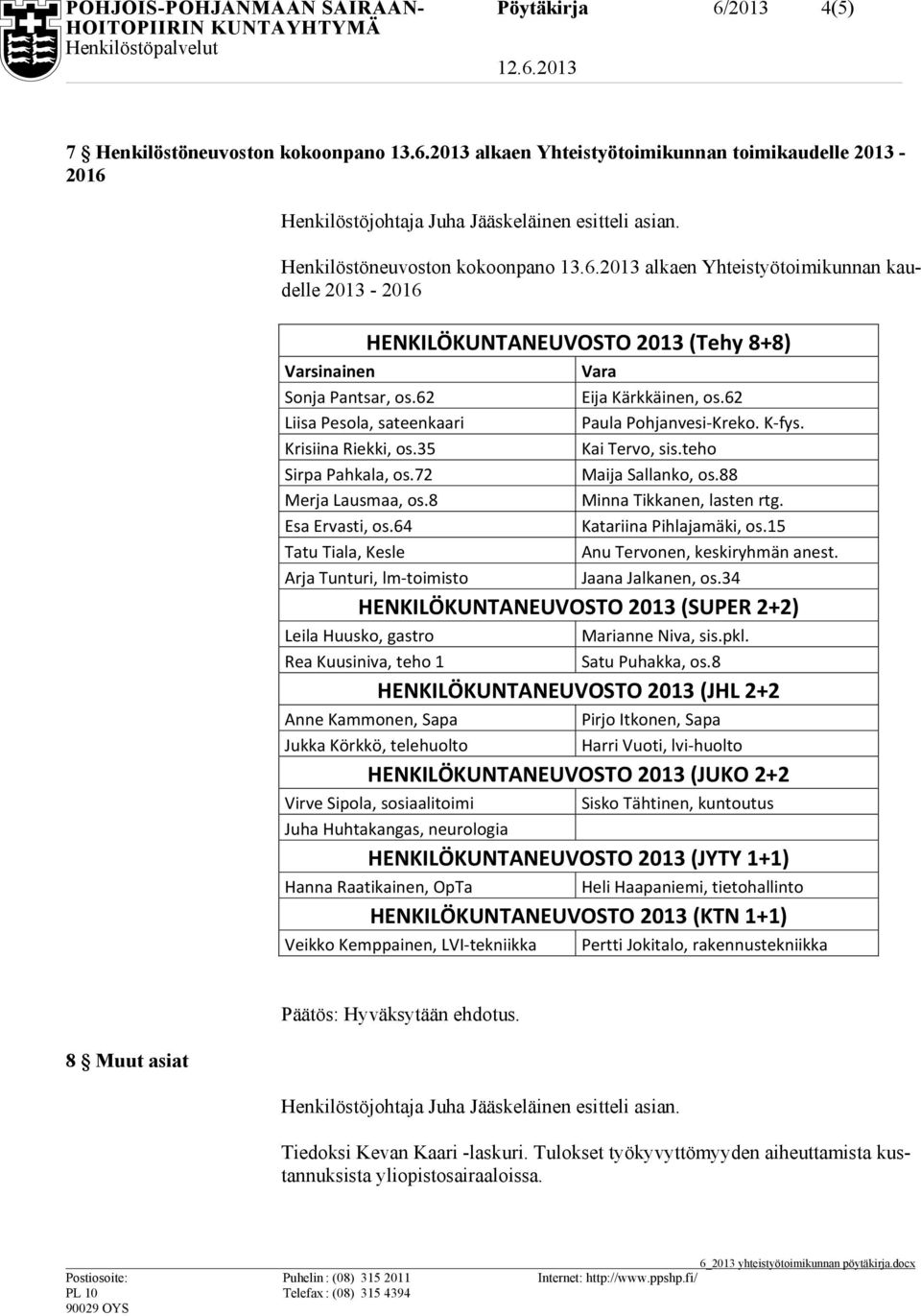 8 Minna Tikkanen, lasten rtg. Esa Ervasti, os.64 Katariina Pihlajamäki, os.15 Tatu Tiala, Kesle Anu Tervonen, keskiryhmän anest. Arja Tunturi, lm-toimisto Jaana Jalkanen, os.