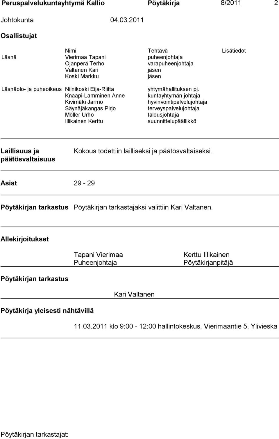 Knaapi-Lamminen Anne Kivimäki Jarmo Säynäjäkangas Pirjo Möller Urho Illikainen Kerttu yhtymähallituksen pj.