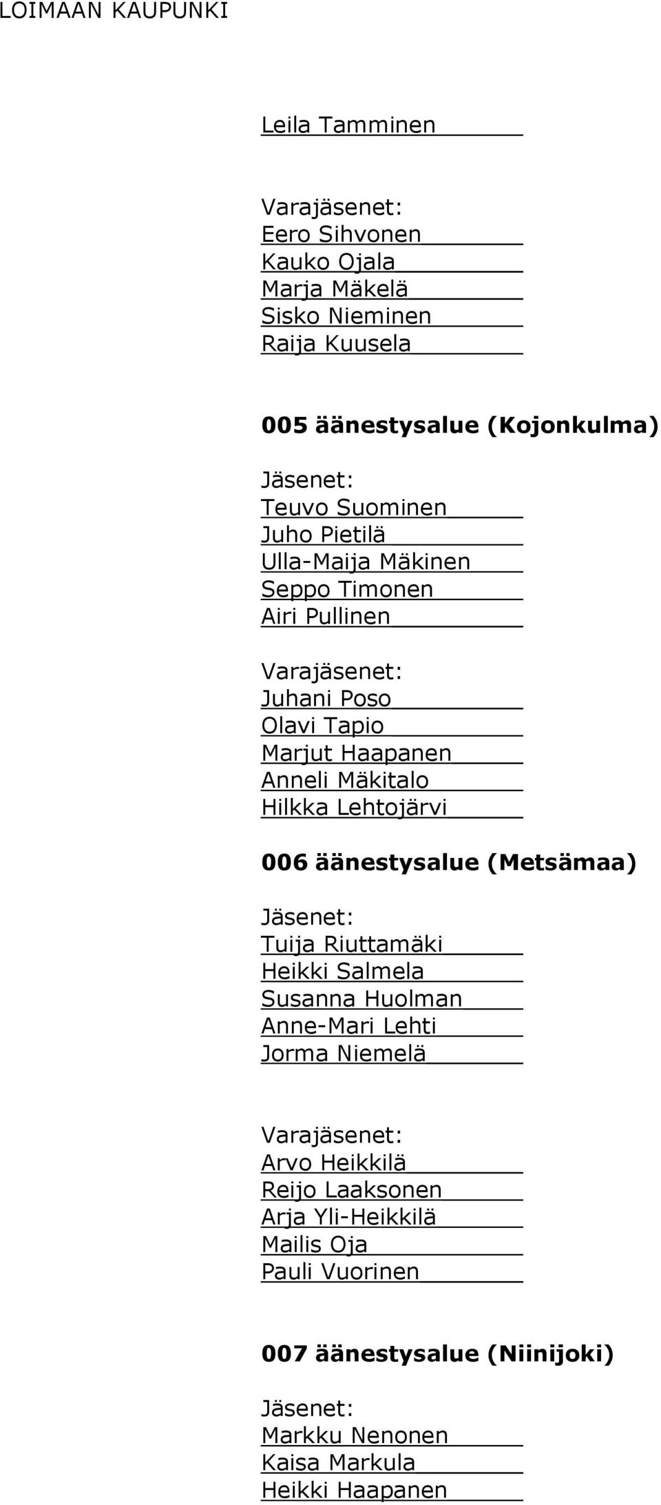 Lehtojärvi 006 äänestysalue (Metsämaa) Tuija Riuttamäki Heikki Salmela Susanna Huolman Anne-Mari Lehti Jorma Niemelä Arvo