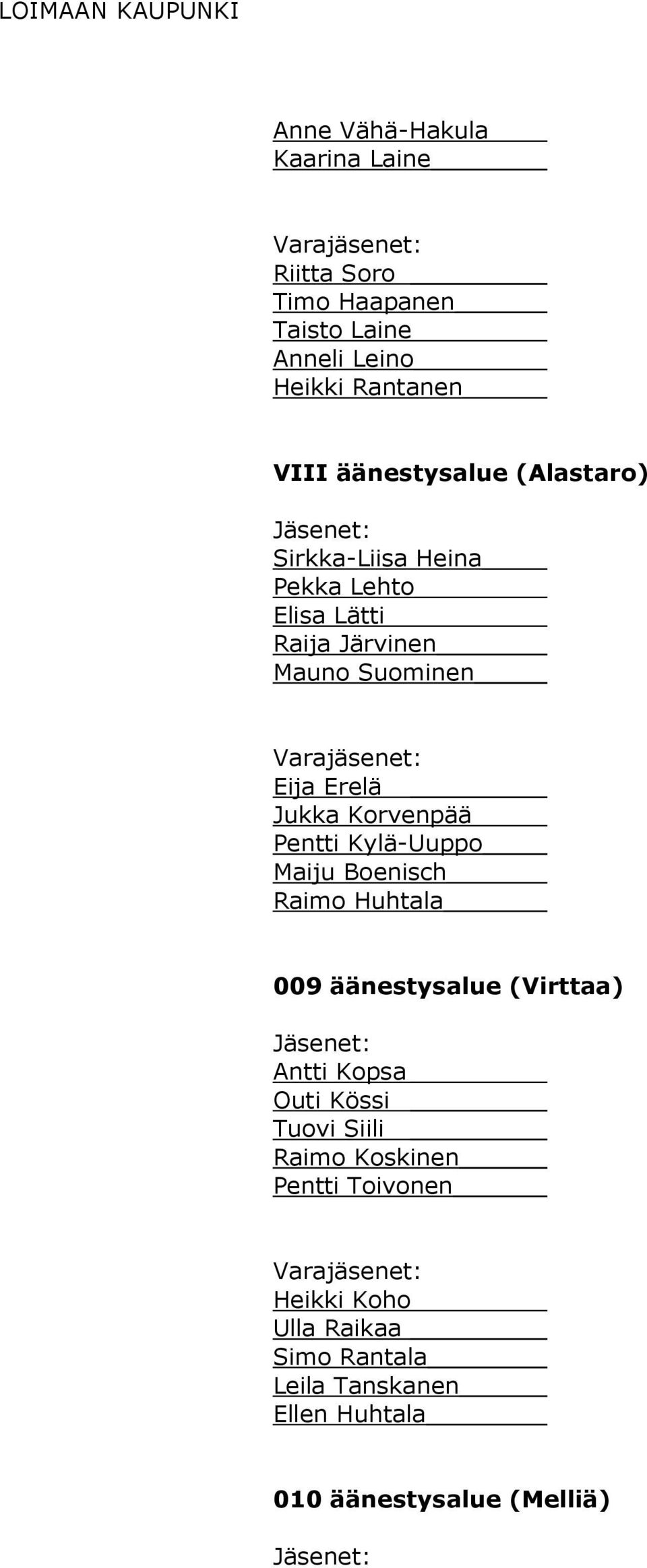 Korvenpää Pentti Kylä-Uuppo Maiju Boenisch Raimo Huhtala 009 äänestysalue (Virttaa) Antti Kopsa Outi Kössi Tuovi