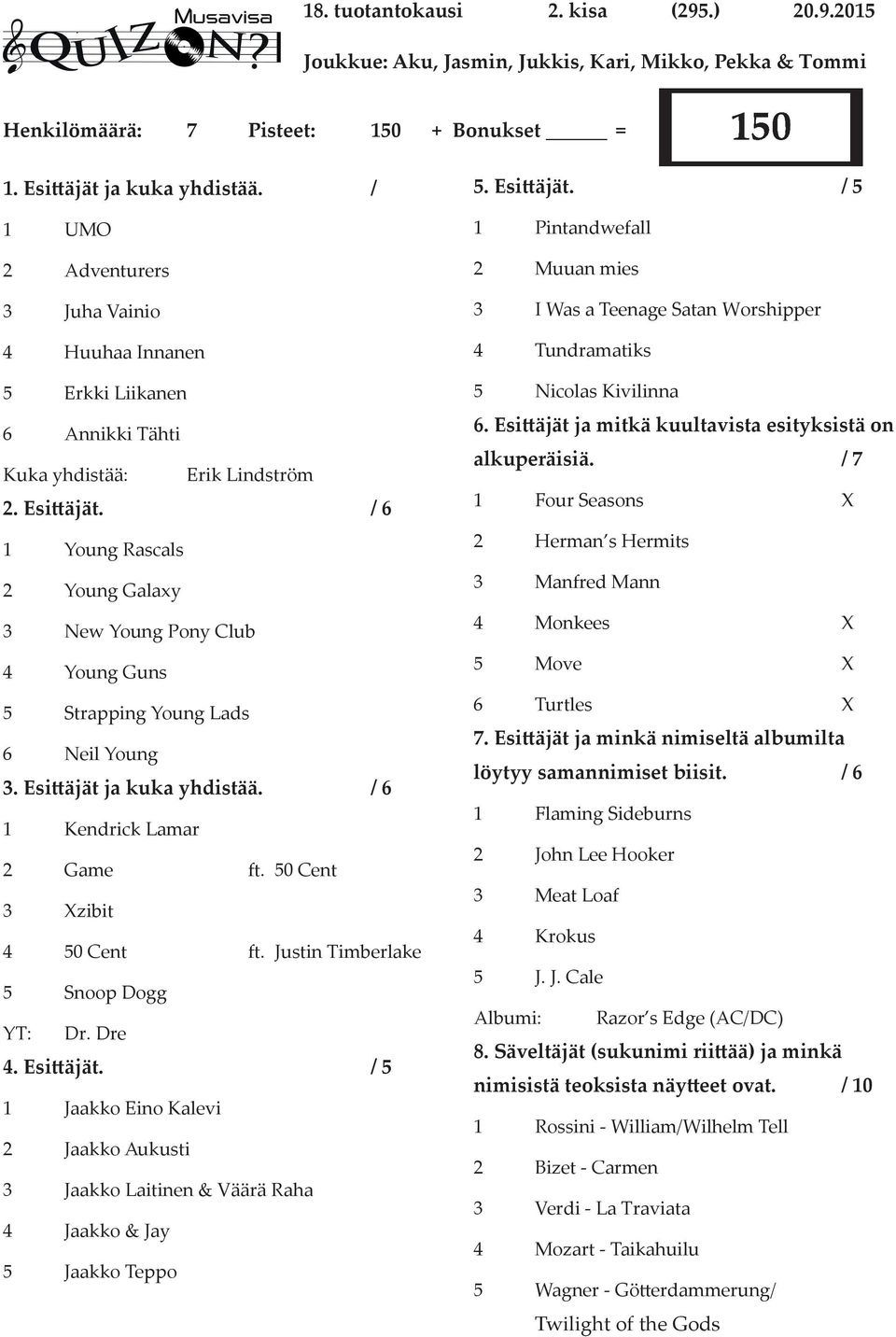 / 6 1 Young Rascals 2 Young Galaxy 3 New Young Pony Club 4 Young Guns 5 Strapping Young Lads 6 Neil Young 3. Esi äjät ja kuka yhdistää. / 6 1 Kendrick Lamar 2 Game ft. 50 Cent 3 Xzibit 4 50 Cent ft.