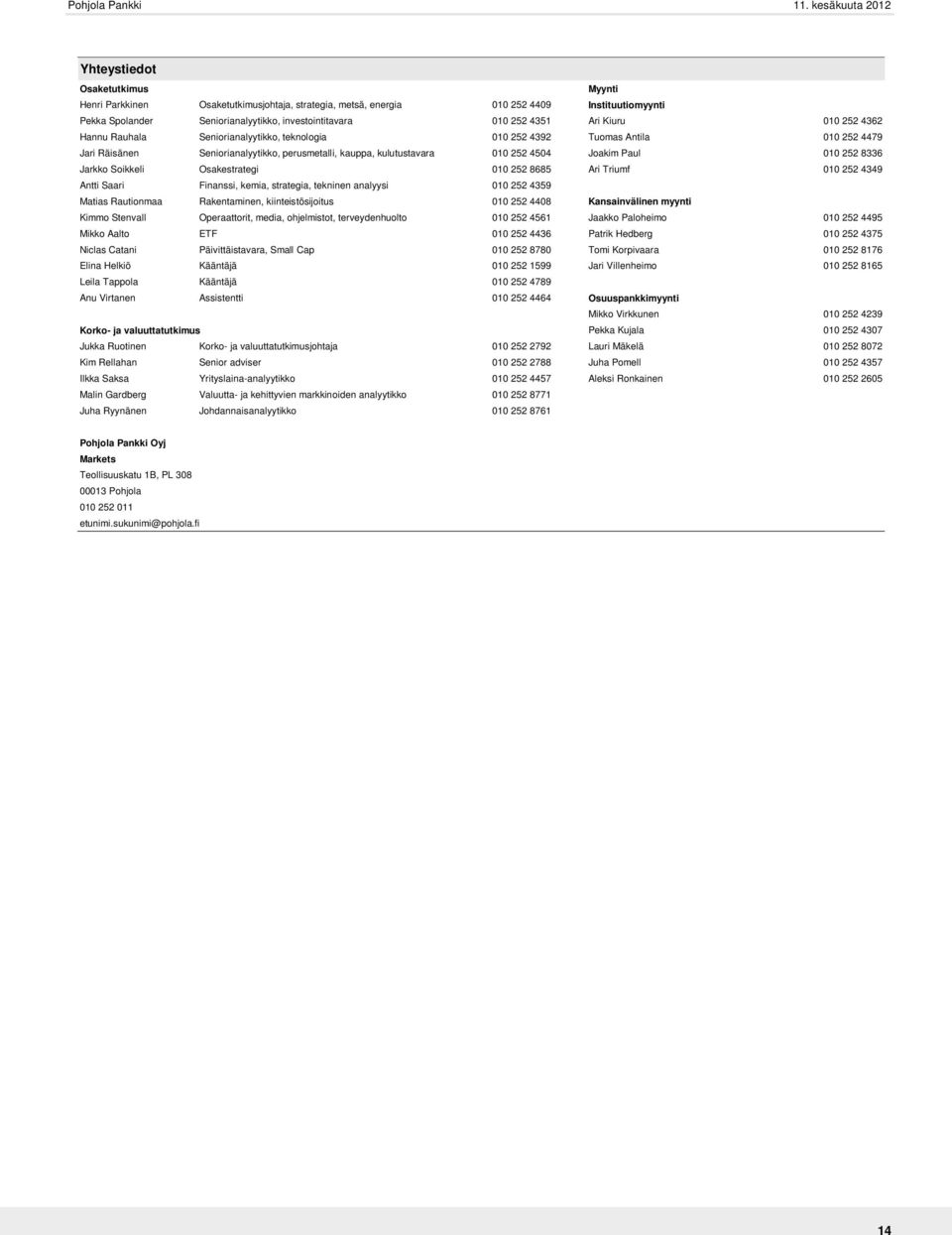 8336 Jarkko Soikkeli Osakestrategi 1 252 8685 Ari Triumf 1 252 4349 Antti Saari Finanssi, kemia, strategia, tekninen analyysi 1 252 4359 Matias Rautionmaa Rakentaminen, kiinteistösijoitus 1 252 448