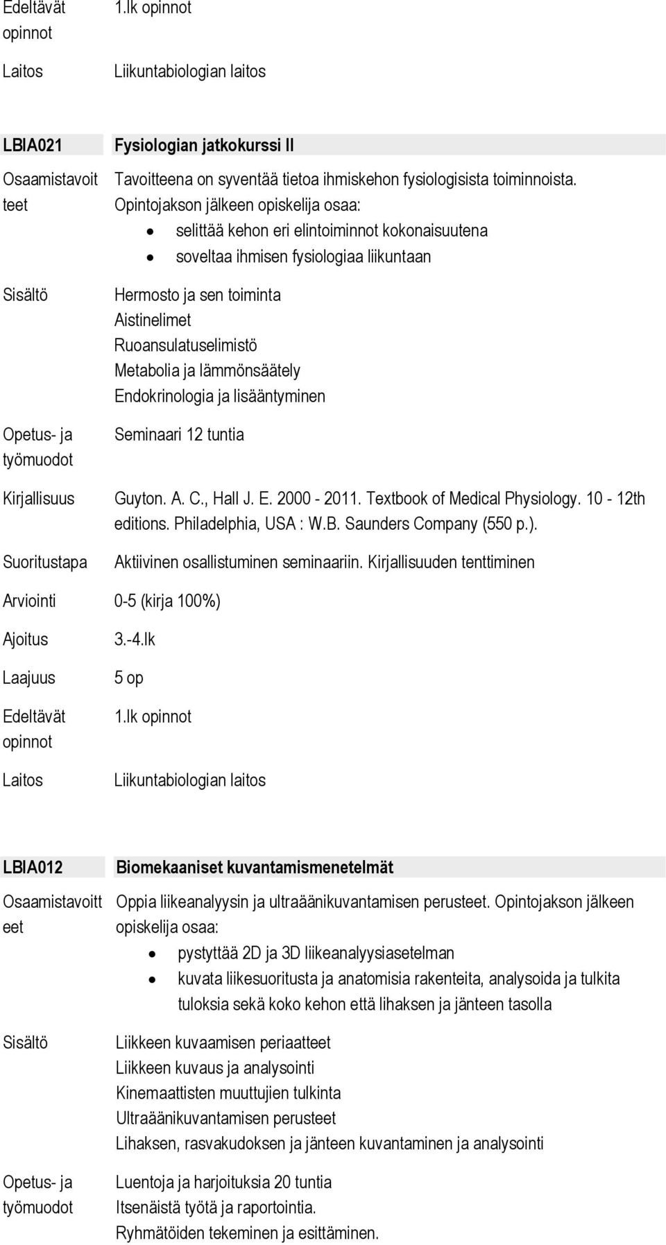 lämmönsäätely Endokrinologia ja lisääntyminen Seminaari 12 tuntia Guyton. A. C., Hall J. E. 2000-2011. Textbook of Medical Physiology. 10-12th editions. Philadelphia, USA : W.B.