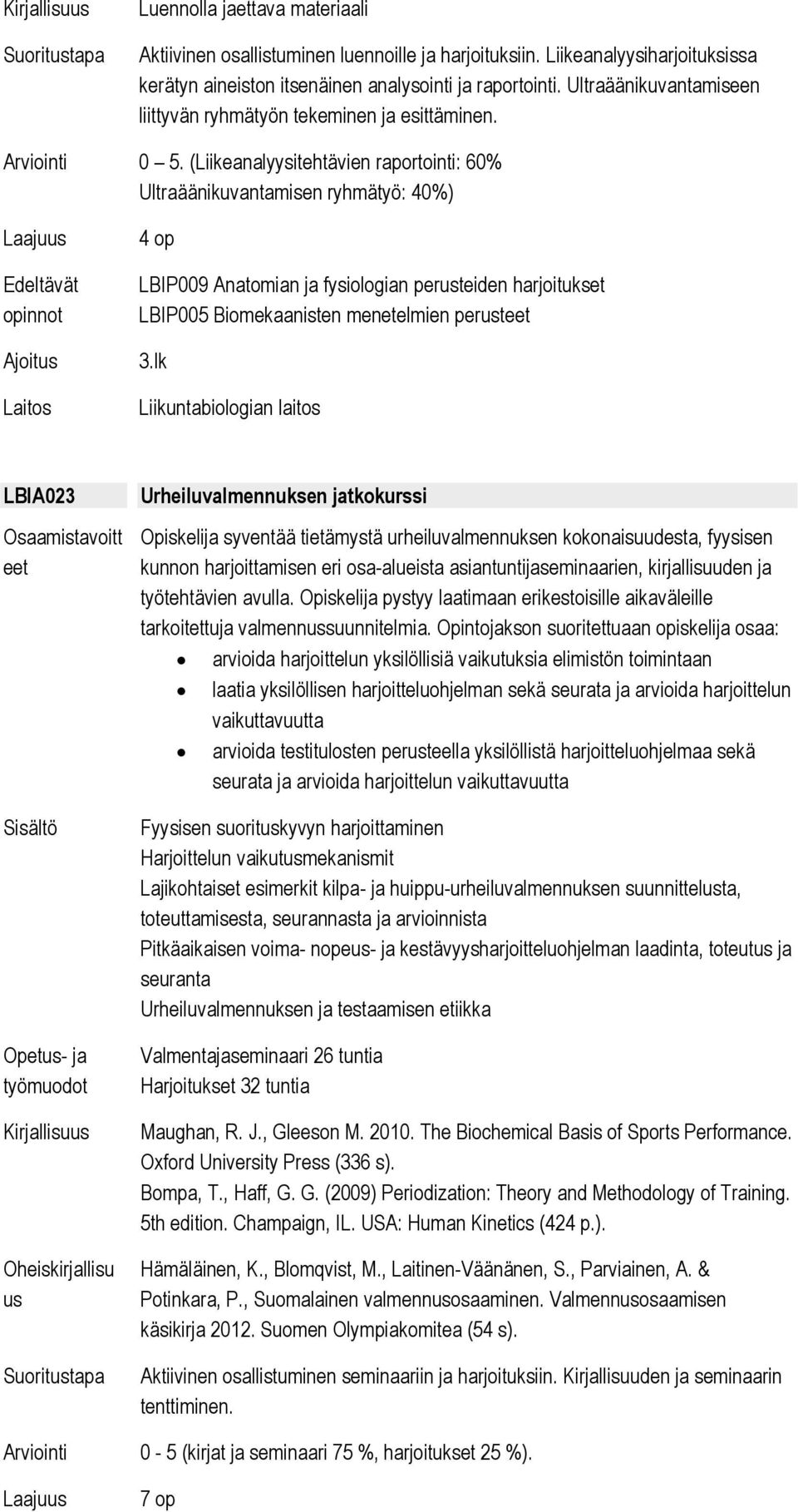(Liikeanalyysitehtävien raportointi: 60% Ultraäänikuvantamisen ryhmätyö: 40%) 4 op LBIP009 Anatomian ja fysiologian perusteiden harjoitukset LBIP005 Biomekaanisten menetelmien perus 3.