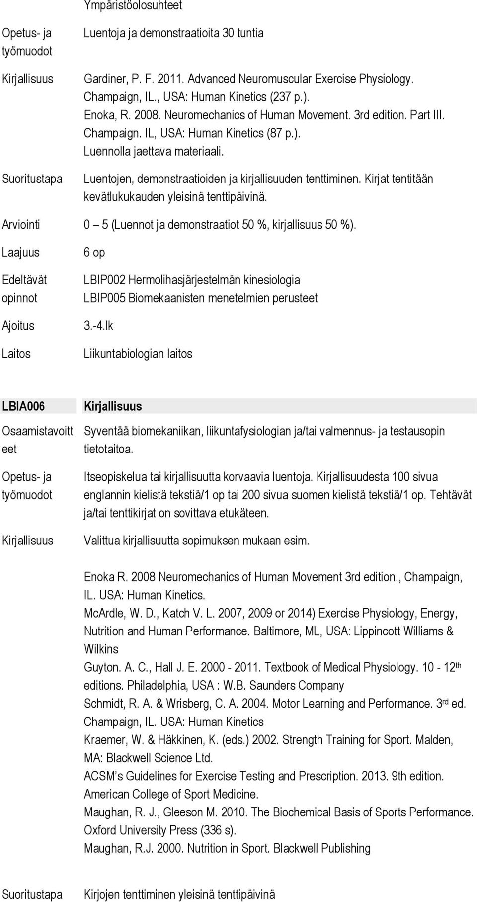 Kirjat tentitään kevätlukukauden yleisinä tenttipäivinä. 0 5 (Luennot ja demonstraatiot 50 %, kirjallisuus 50 %).