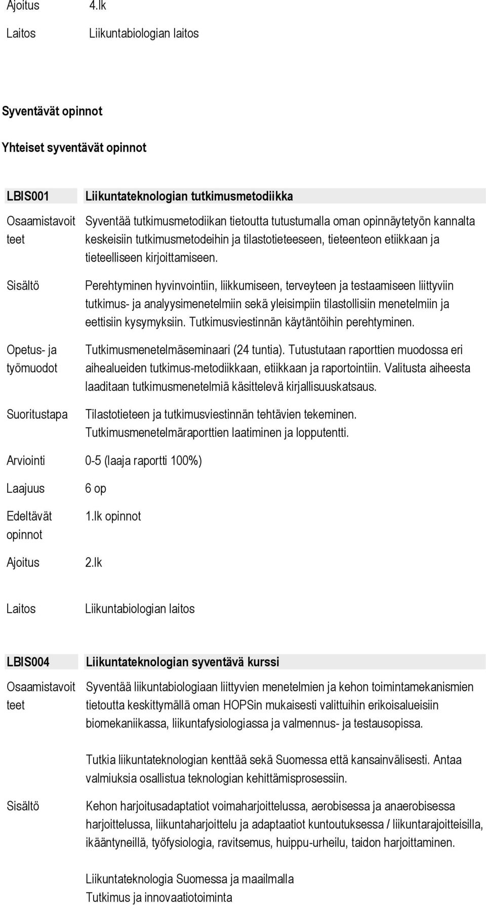 Perehtyminen hyvinvointiin, liikkumiseen, terveyteen ja testaamiseen liittyviin tutkimus- ja analyysimenetelmiin sekä yleisimpiin tilastollisiin menetelmiin ja eettisiin kysymyksiin.