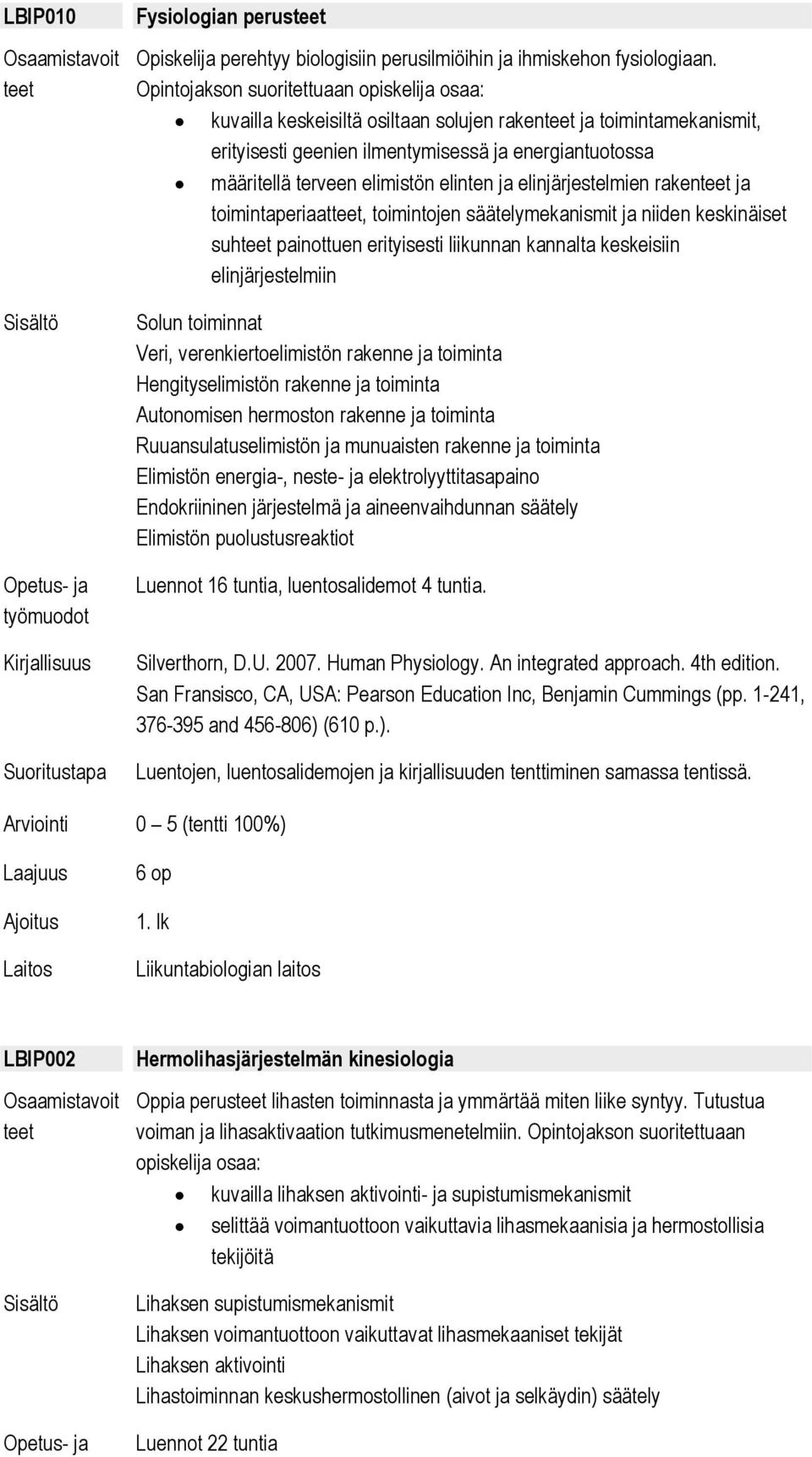 elinten ja elinjärjestelmien raken ja toimintaperiaat, toimintojen säätelymekanismit ja niiden keskinäiset suh painottuen erityisesti liikunnan kannalta keskeisiin elinjärjestelmiin Solun toiminnat