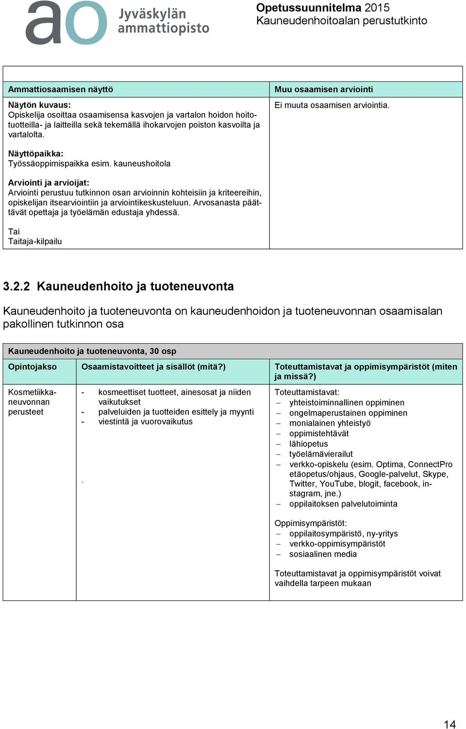 kauneushoitola Arviointi ja arvioijat: Arviointi perustuu tutkinnon osan arvioinnin kohteisiin ja kriteereihin, opiskelijan itsearviointiin ja arviointikeskusteluun.