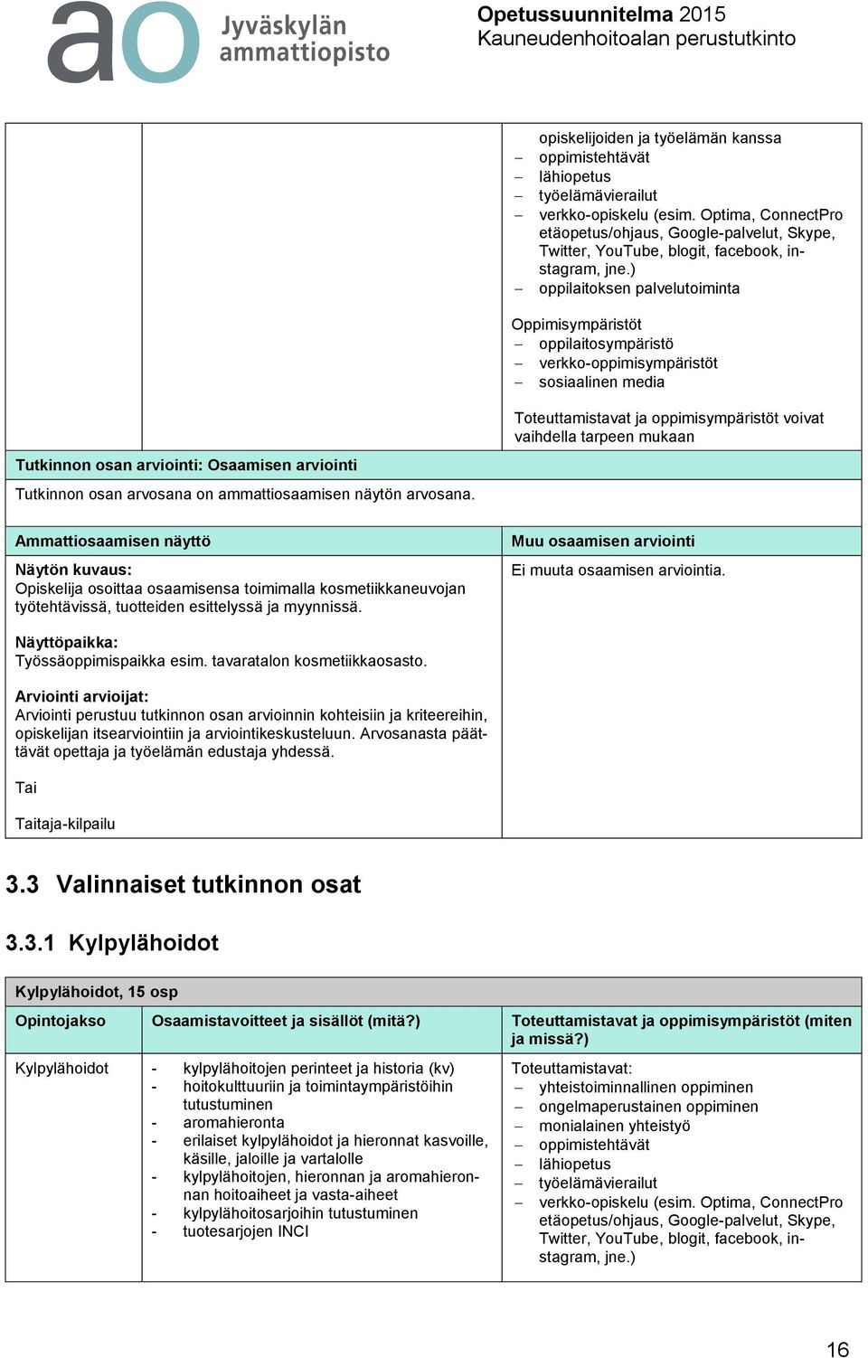 Muu osaamisen arviointi Ei muuta osaamisen arviointia. Näyttöpaikka: Työssäoppimispaikka esim. tavaratalon kosmetiikkaosasto.