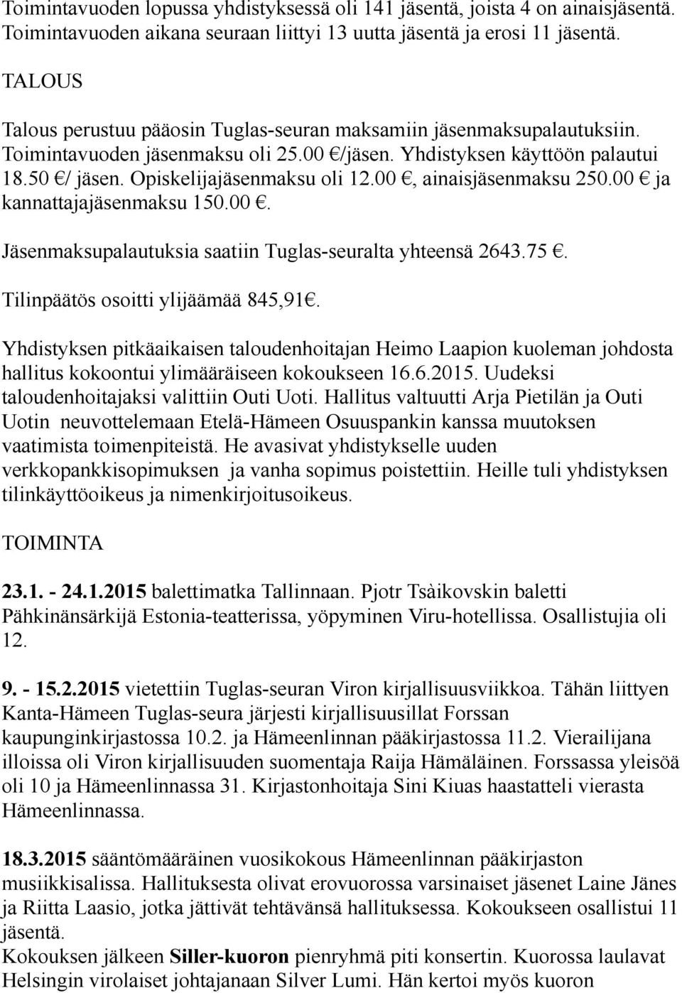 00, ainaisjäsenmaksu 250.00 ja kannattajajäsenmaksu 150.00. Jäsenmaksupalautuksia saatiin Tuglas-seuralta yhteensä 2643.75. Tilinpäätös osoitti ylijäämää 845,91.