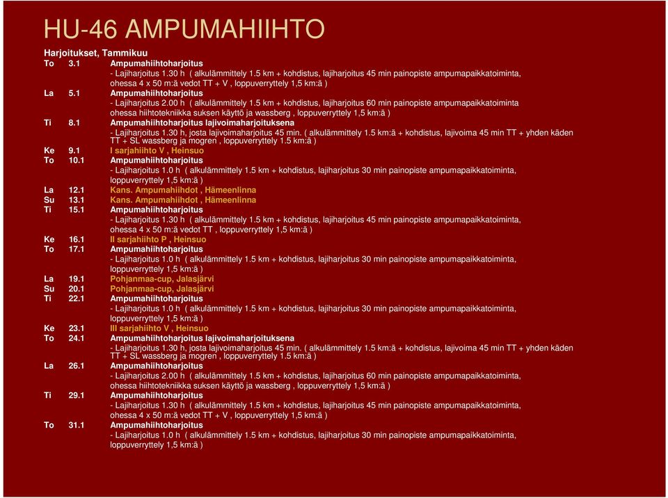 5 km + kohdistus, lajiharjoitus 60 min painopiste ampumapaikkatoiminta ohessa hiihtotekniikka suksen käyttö ja wassberg, Ti 8.1 Ampumahiihtoharjoitus lajivoimaharjoituksena Ke 9.