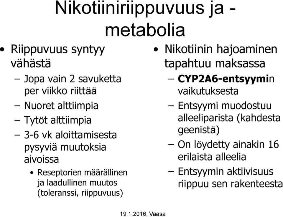 muutos (toleranssi, riippuvuus) Nikotiinin hajoaminen tapahtuu maksassa CYP2A6-entsyymin vaikutuksesta Entsyymi