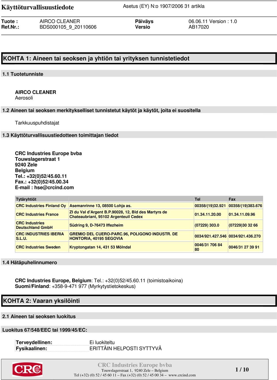 3 Käyttöturvallisuustiedotteen toimittajan tiedot Touwslagerstraat 1 9240 Zele Belgium Tel.: +32(0)52/45.60.11 Fax.: +32(0)52/45.00.34 E-mail : hse@crcind.