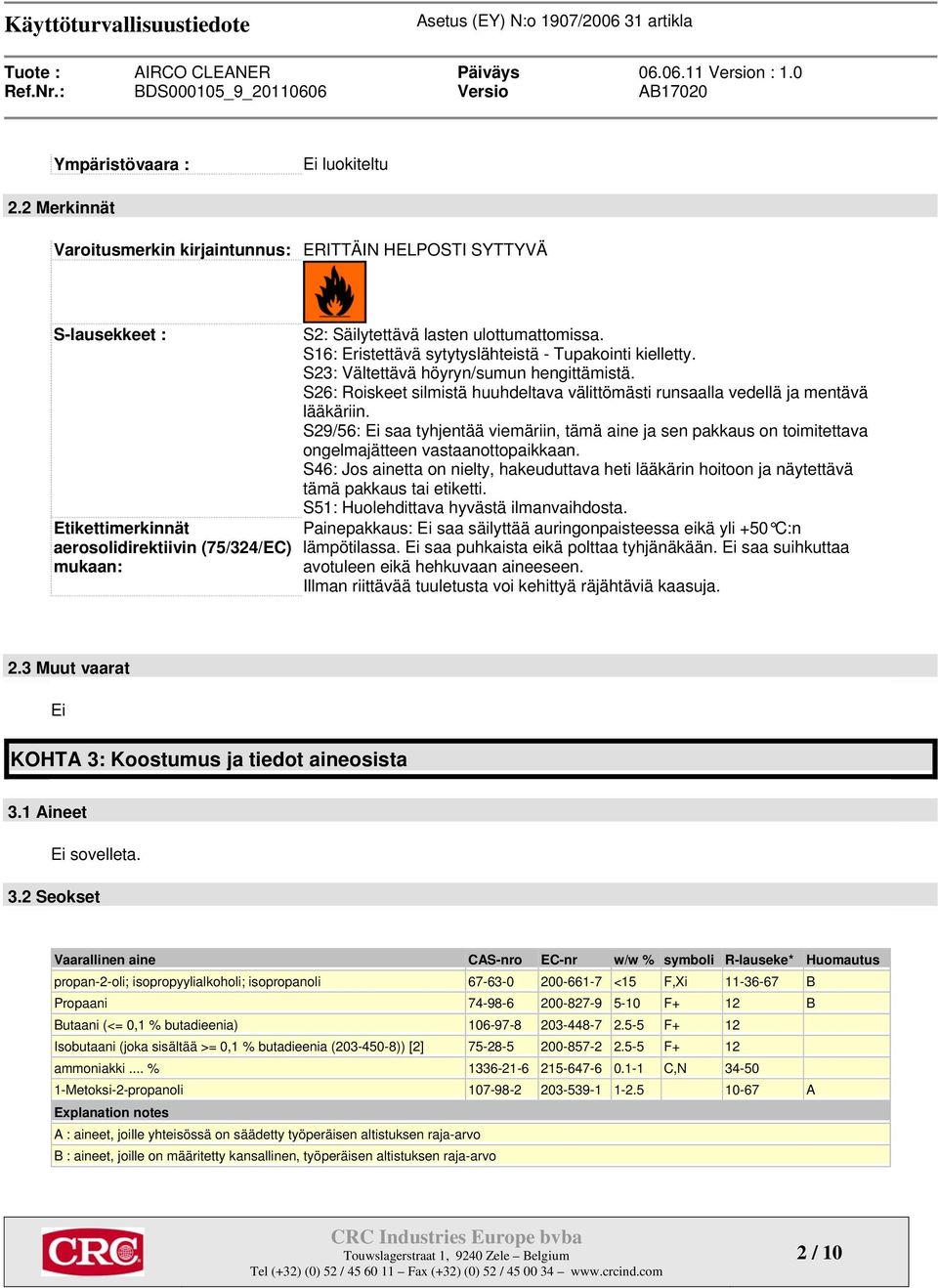 S16: Eristettävä sytytyslähteistä - Tupakointi kielletty. S23: Vältettävä höyryn/sumun hengittämistä. S26: Roiskeet silmistä huuhdeltava välittömästi runsaalla vedellä ja mentävä lääkäriin.