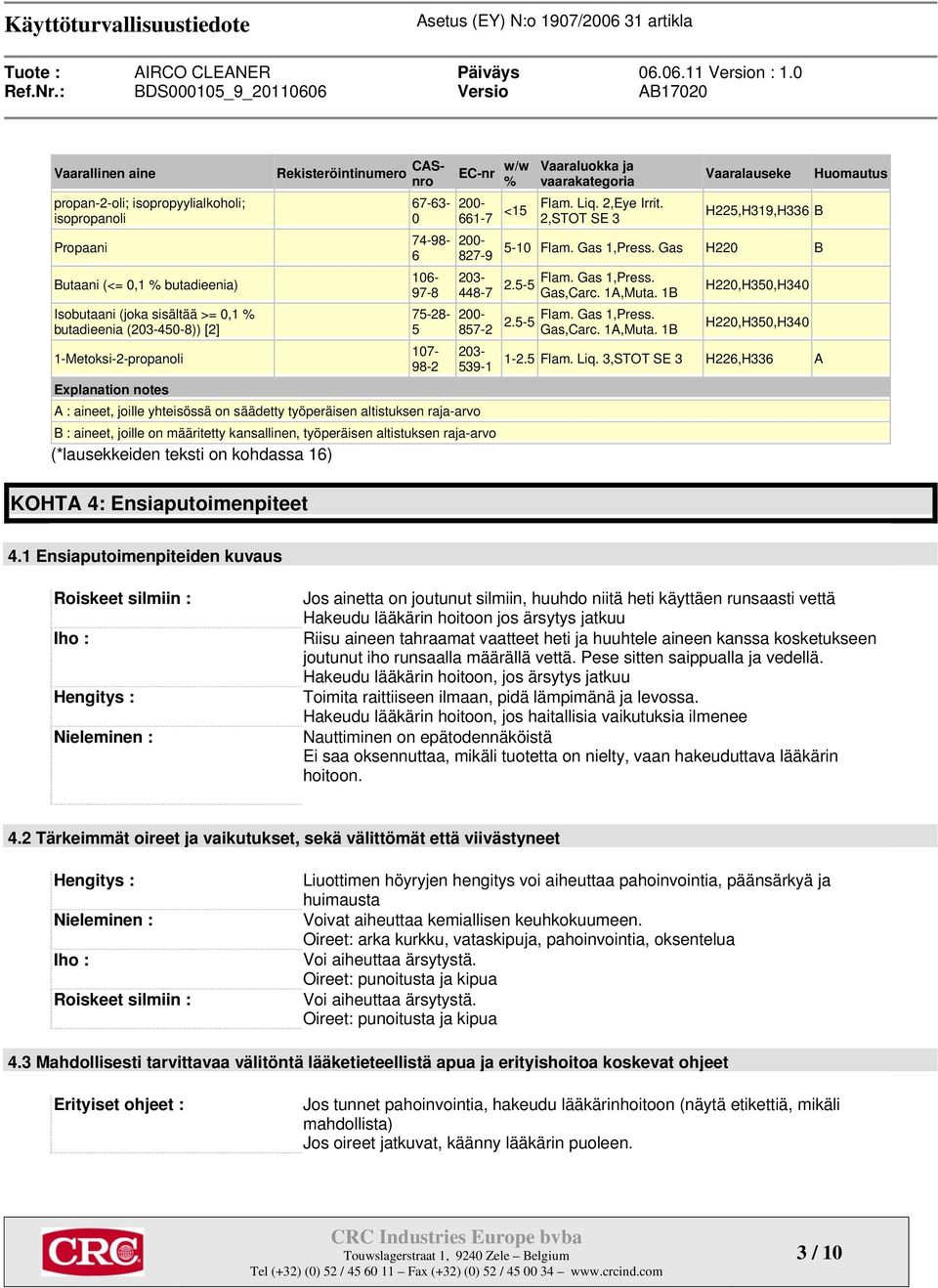 työperäisen altistuksen raja-arvo B : aineet, joille on määritetty kansallinen, työperäisen altistuksen raja-arvo (*lausekkeiden teksti on kohdassa 16) <15 Vaaraluokka ja vaarakategoria Flam. Liq.