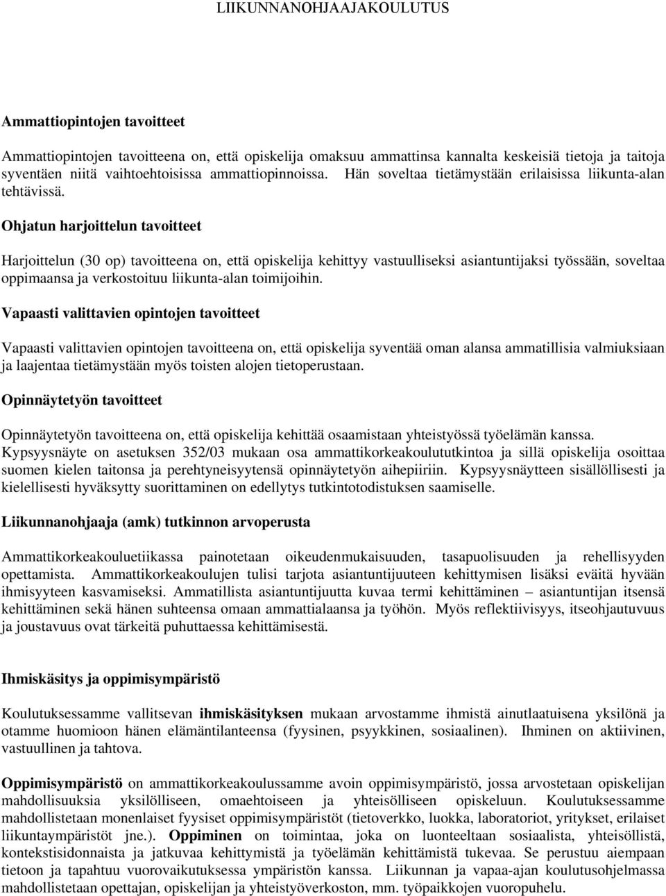 Ohjatun harjoittelun tavoitteet Harjoittelun (30 op) tavoitteena on, että opiskelija kehittyy vastuulliseksi asiantuntijaksi työssään, soveltaa oppimaansa ja verkostoituu liikunta-alan toimijoihin.