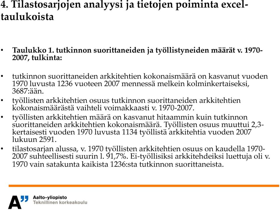 työllisten arkkitehtien osuus tutkinnon suorittaneiden arkkitehtien kokonaismäärästä vaihteli voimakkaasti v. 1970-2007.