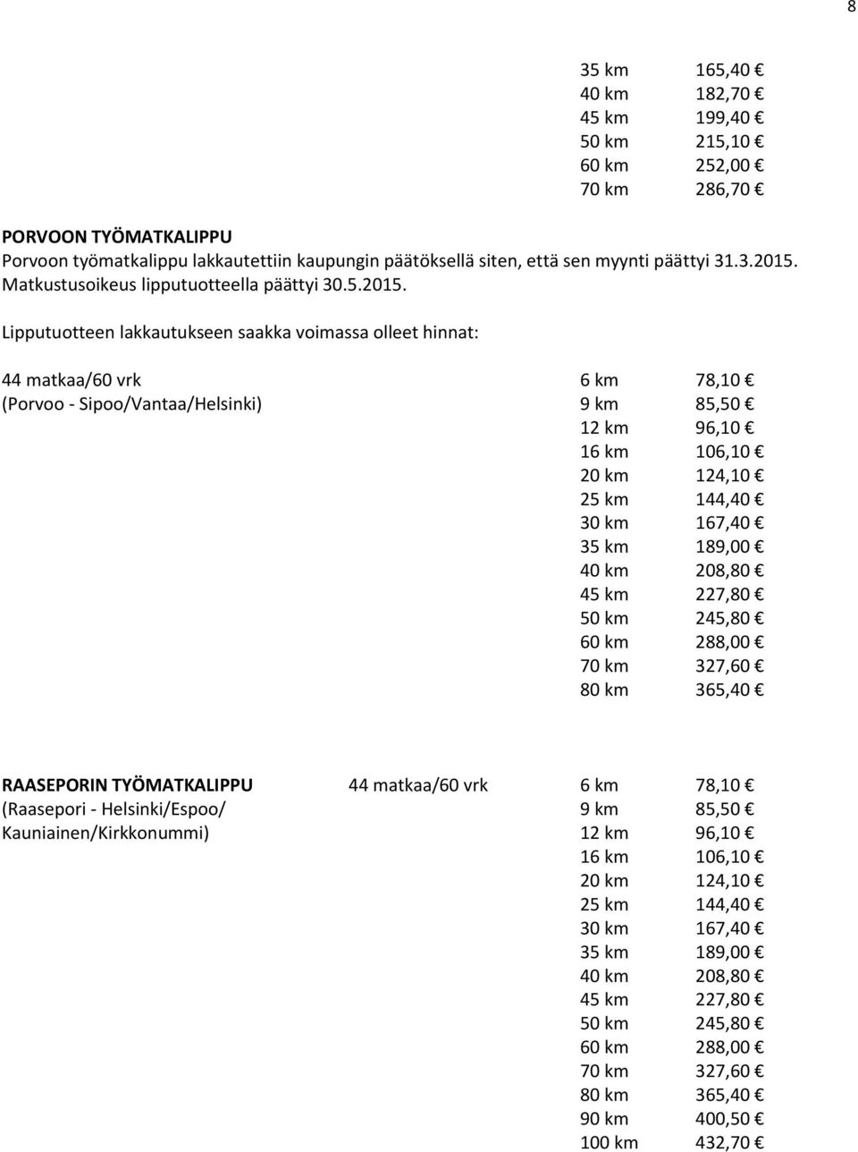 Lipputuotteen lakkautukseen saakka voimassa olleet hinnat: 44 matkaa/60 vrk 6 km 78,10 (Porvoo - Sipoo/Vantaa/Helsinki) 9 km 85,50 12 km 96,10 16 km 106,10 20 km 124,10 25 km 144,40 30 km 167,40 35