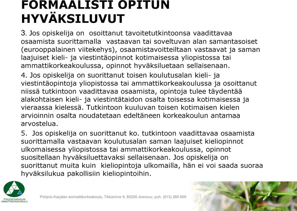 laajuiset kieli- ja viestintäopinnot kotimaisessa yliopistossa tai ammattikorkeakoulussa, opinnot hyväksiluetaan sellaisenaan. 4.