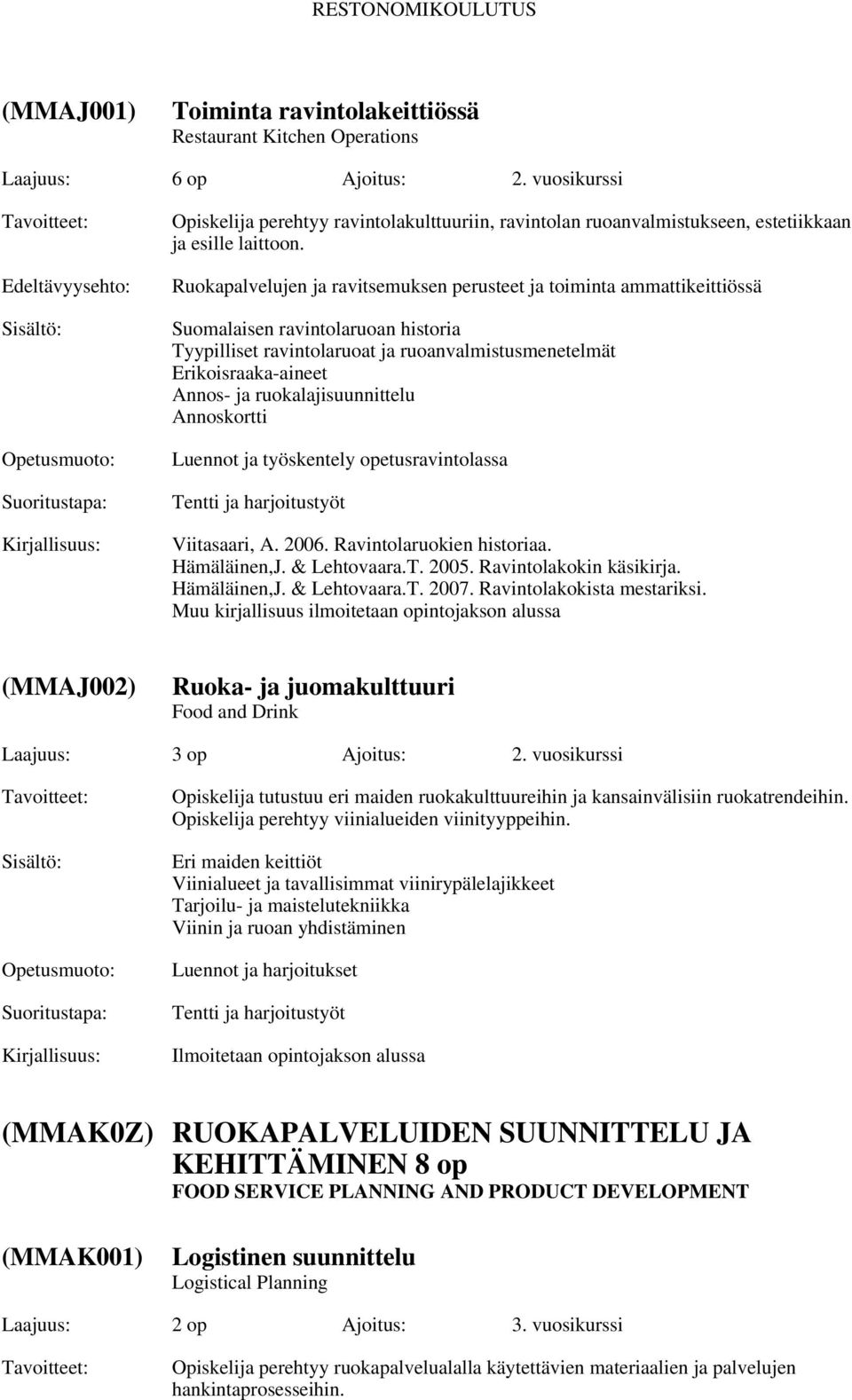 Ruokapalvelujen ja ravitsemuksen perusteet ja toiminta ammattikeittiössä Suomalaisen ravintolaruoan historia Tyypilliset ravintolaruoat ja ruoanvalmistusmenetelmät Erikoisraaka-aineet Annos- ja