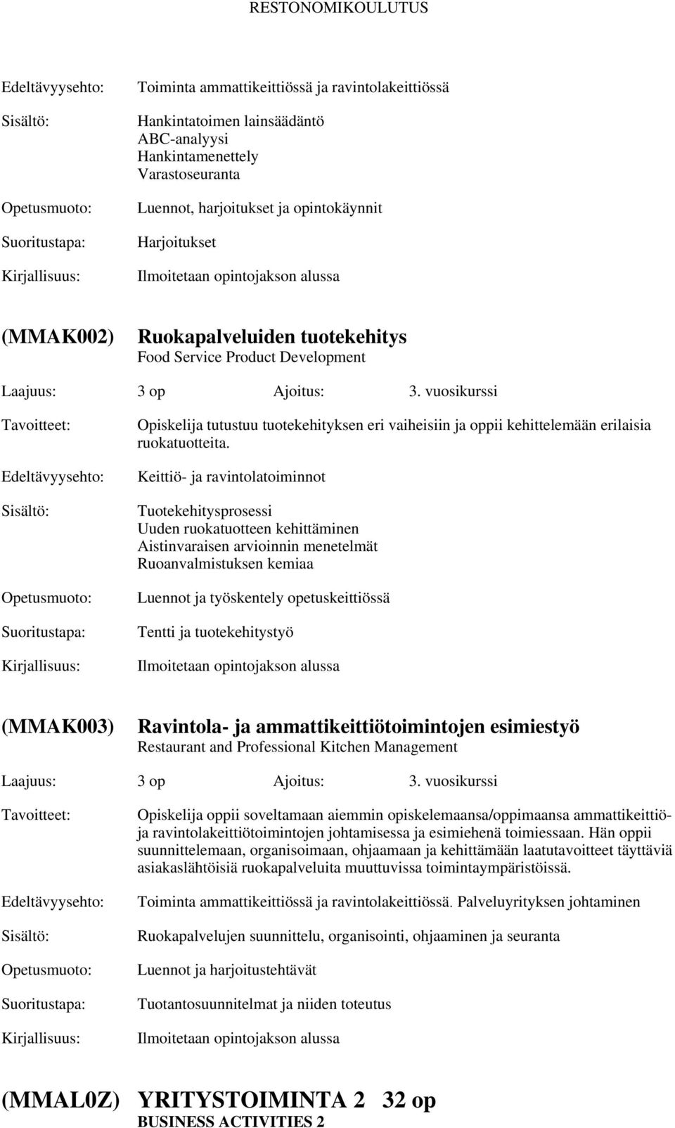 Keittiö- ja ravintolatoiminnot Tuotekehitysprosessi Uuden ruokatuotteen kehittäminen Aistinvaraisen arvioinnin menetelmät Ruoanvalmistuksen kemiaa Luennot ja työskentely opetuskeittiössä Tentti ja