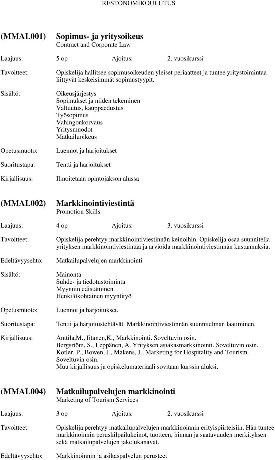 Oikeusjärjestys Sopimukset ja niiden tekeminen Valtuutus, kauppaedustus Työsopimus Vahingonkorvaus Yritysmuodot Matkailuoikeus Luennot ja harjoitukset Tentti ja harjoitukset (MMAL002)