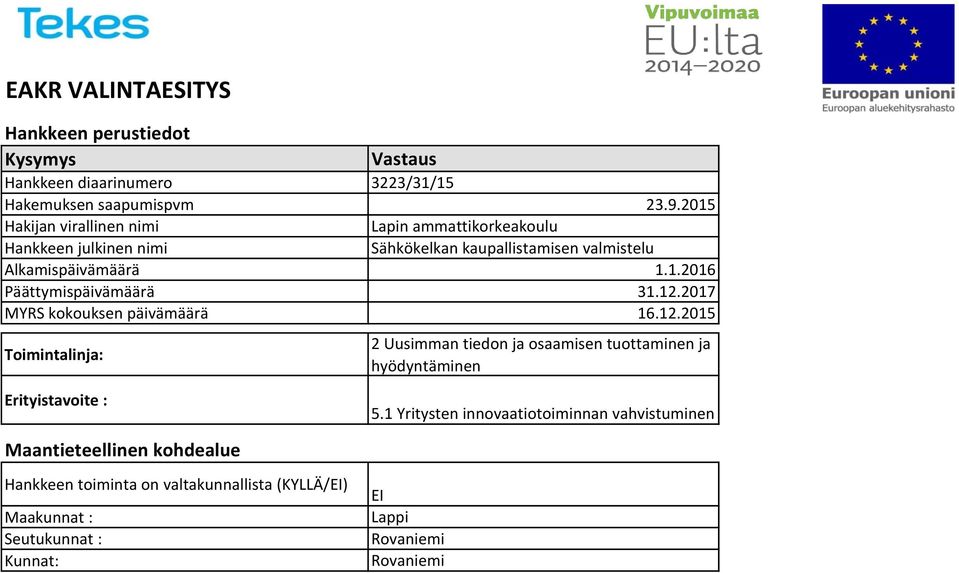 12.2017 MYRS kokouksen päivämäärä 16.12.2015 Toimintalinja: 2 Uusimman tiedon ja osaamisen tuottaminen ja hyödyntäminen Erityistavoite : 5.