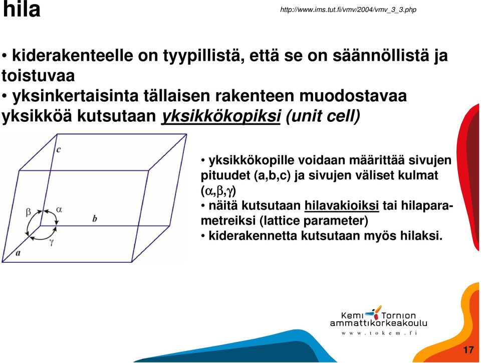 rakenteen muodostavaa yksikköä kutsutaan yksikkökopiksi (unit cell) yksikkökopille voidaan määrittää