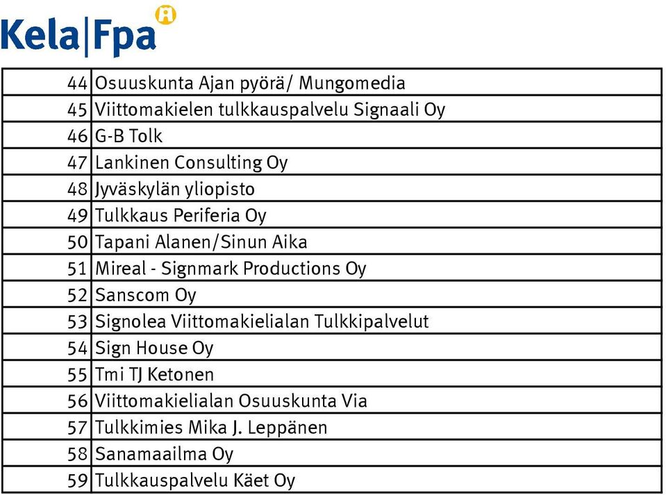 Signmark Productions Oy 52 Sanscom Oy 53 Signolea Viittomakielialan Tulkkipalvelut 54 Sign House Oy 55 Tmi TJ