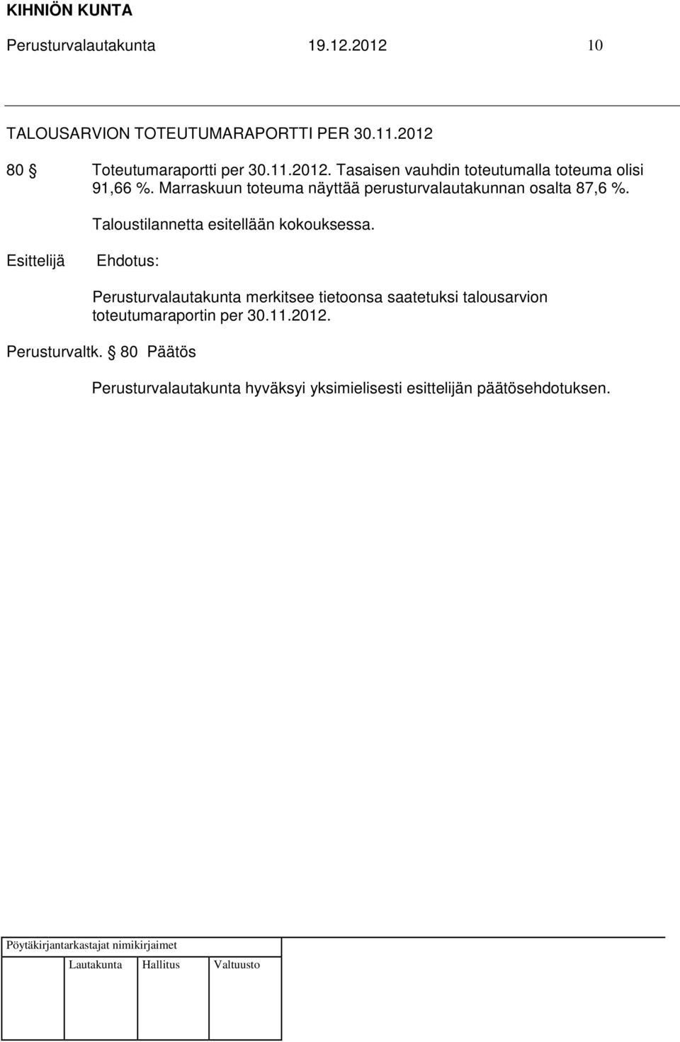 Marraskuun toteuma näyttää perusturvalautakunnan osalta 87,6 %.