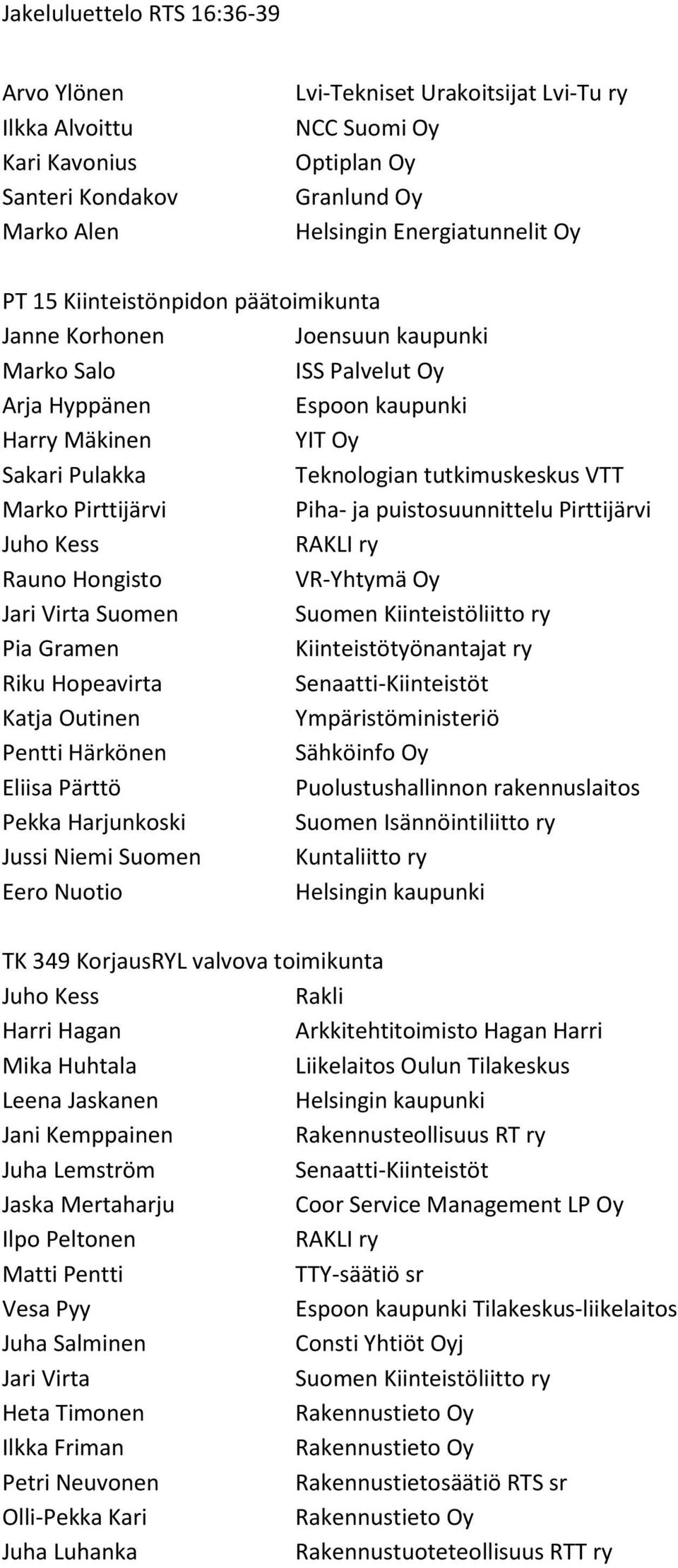 puistosuunnittelu Pirttijärvi Rauno Hongisto VR-Yhtymä Oy Jari Virta Suomen Suomen Kiinteistöliitto ry Pia Gramen Kiinteistötyönantajat ry Riku Hopeavirta Senaatti-Kiinteistöt Katja Outinen Pentti