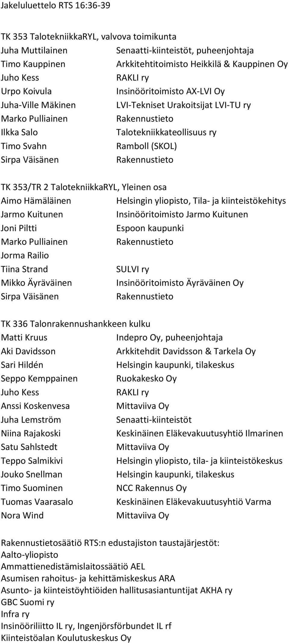 yliopisto, Tila- ja kiinteistökehitys Jarmo Kuitunen Insinööritoimisto Jarmo Kuitunen Joni Piltti Espoon kaupunki Marko Pulliainen Jorma Railio Tiina Strand SULVI ry Mikko Äyräväinen