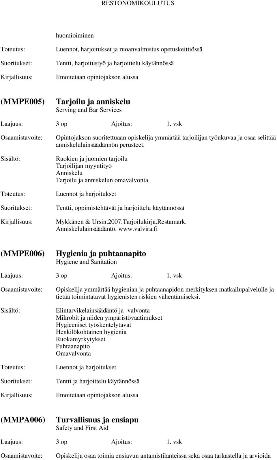 Ruokien ja juomien tarjoilu Tarjoilijan myyntityö Anniskelu Tarjoilu ja anniskelun omavalvonta Luennot ja harjoitukset Tentti, oppimistehtävät ja harjoittelu käytännössä Mykkänen & Ursin.2007.