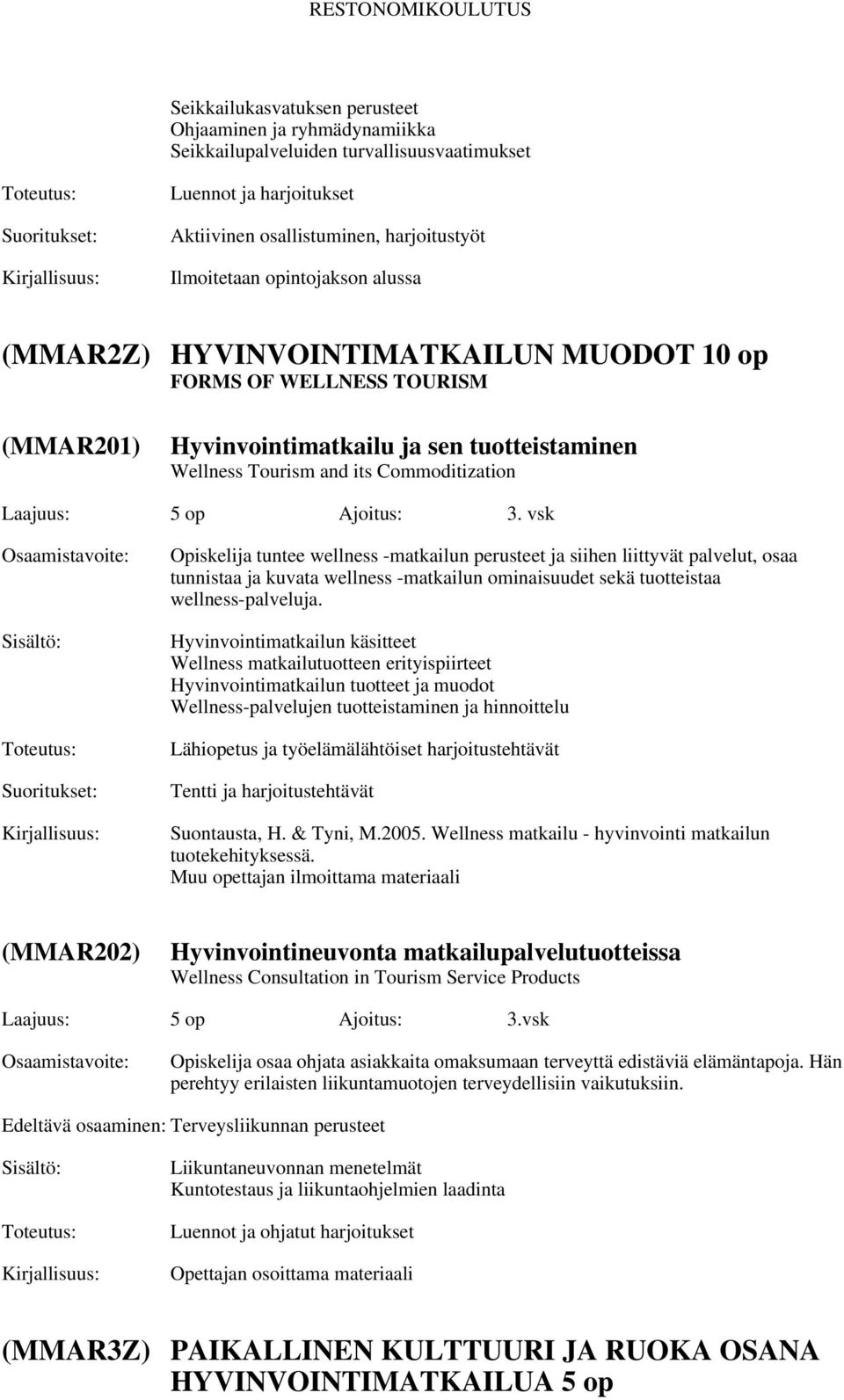 vsk Opiskelija tuntee wellness -matkailun perusteet ja siihen liittyvät palvelut, osaa tunnistaa ja kuvata wellness -matkailun ominaisuudet sekä tuotteistaa wellness-palveluja.