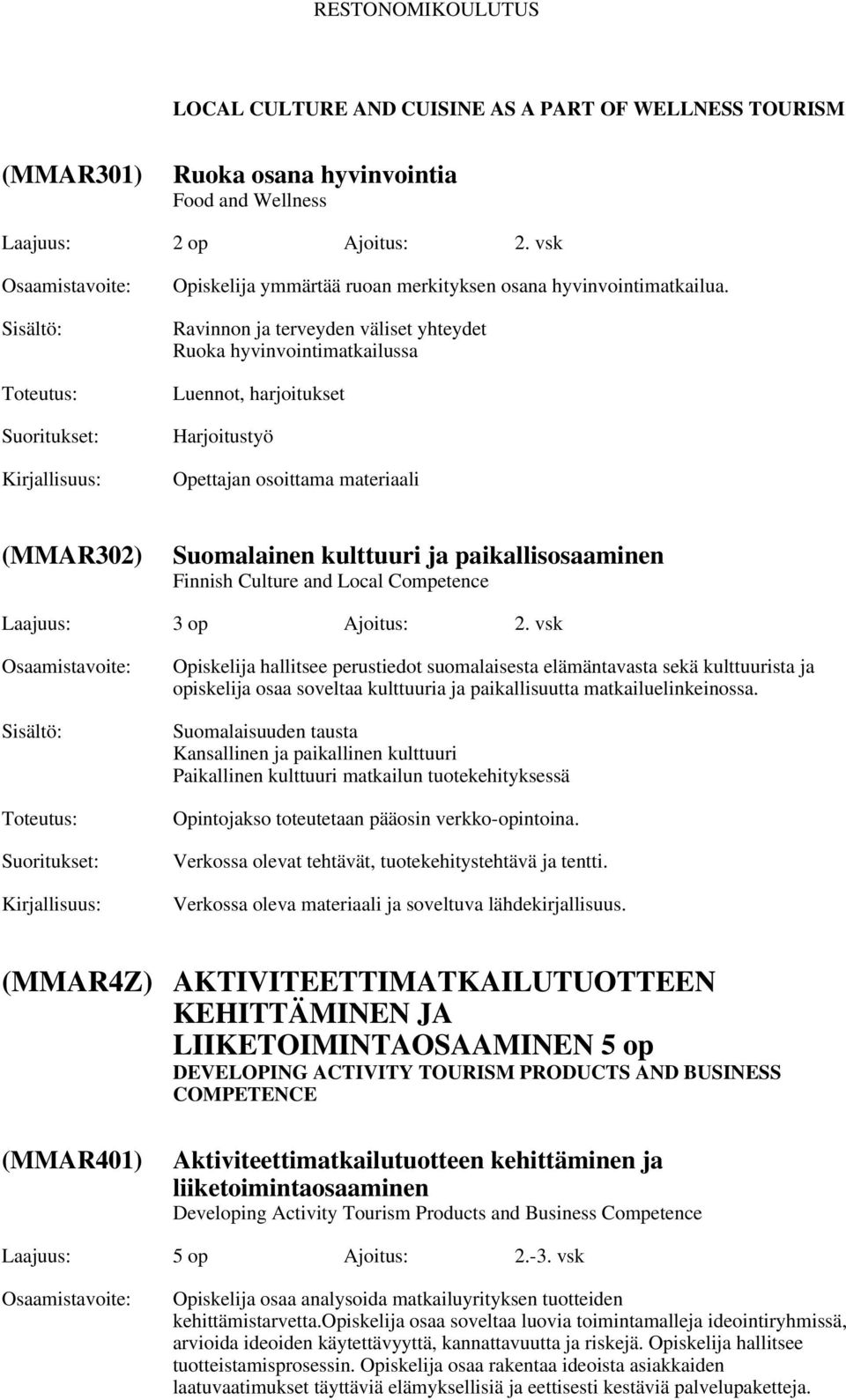 Ravinnon ja terveyden väliset yhteydet Ruoka hyvinvointimatkailussa Luennot, harjoitukset Harjoitustyö Opettajan osoittama materiaali (MMAR302) Suomalainen kulttuuri ja paikallisosaaminen Finnish