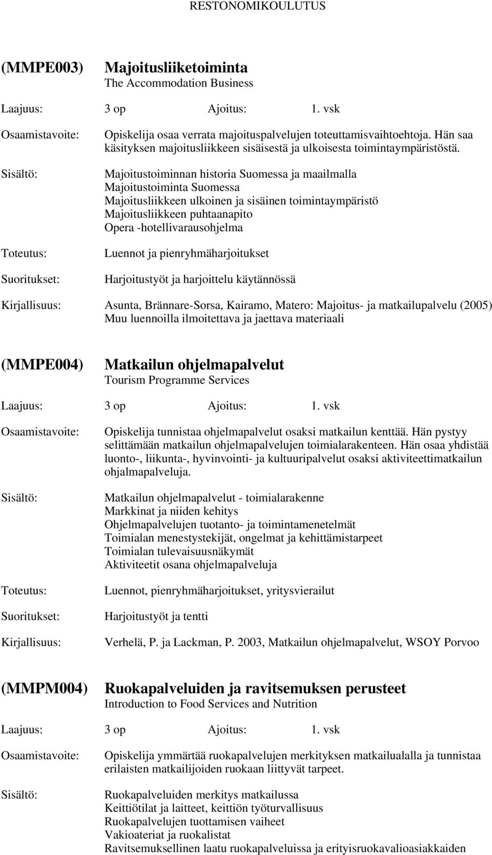 Majoitustoiminnan historia Suomessa ja maailmalla Majoitustoiminta Suomessa Majoitusliikkeen ulkoinen ja sisäinen toimintaympäristö Majoitusliikkeen puhtaanapito Opera -hotellivarausohjelma Luennot