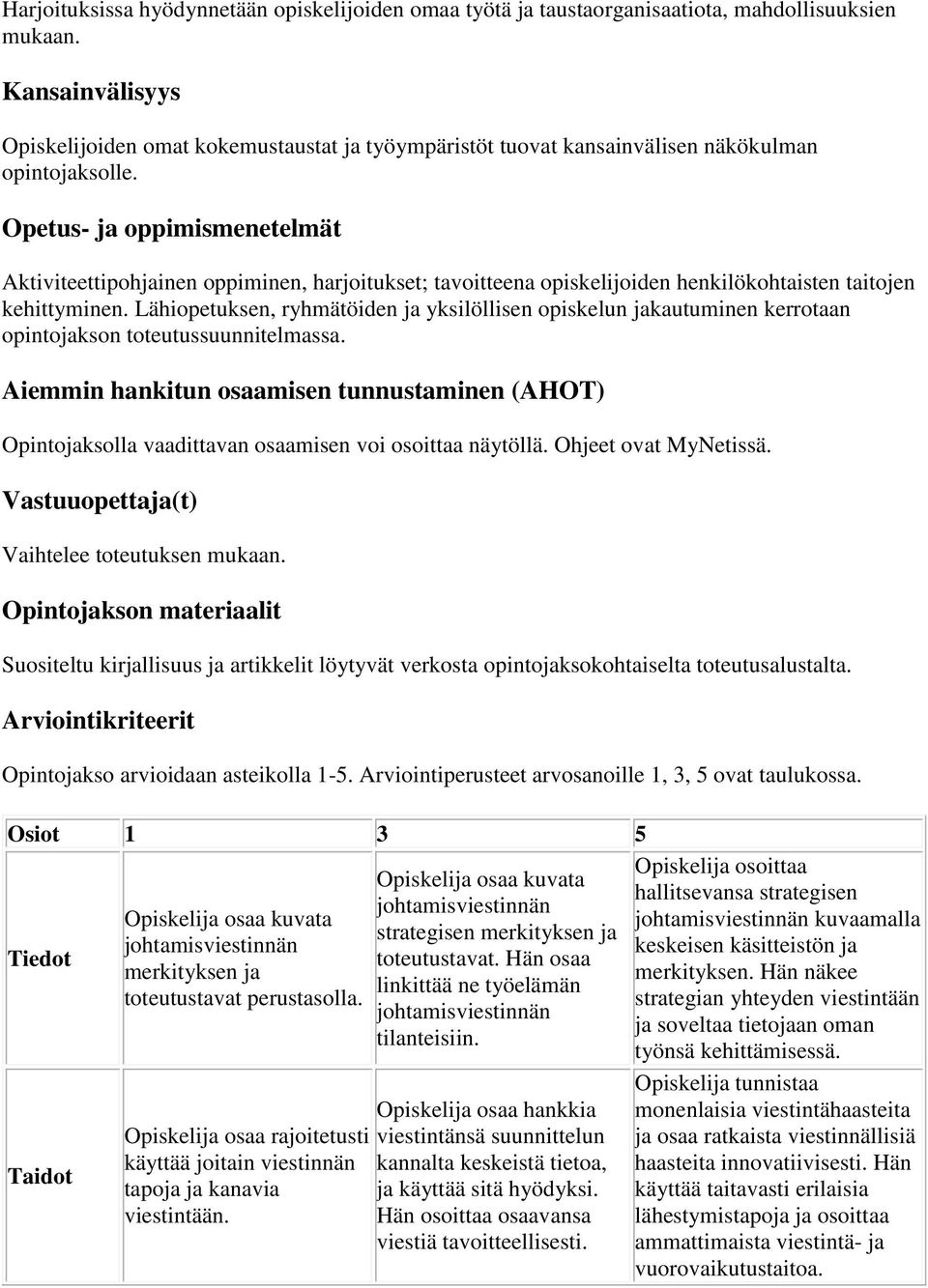 Opetus- ja oppimismenetelmät Aktiviteettipohjainen oppiminen, harjoitukset; tavoitteena opiskelijoiden henkilökohtaisten taitojen kehittyminen.