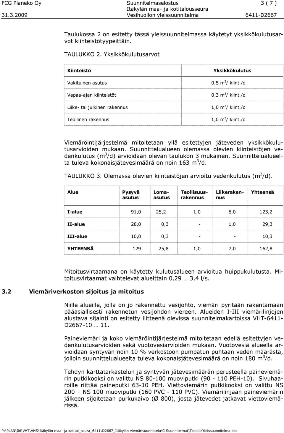 /d 1,0 m 3 / kiint./d Viemäröintijärjestelmä mitoitetaan yllä esitettyjen jäteveden yksikkökulutusarvioiden mukaan.