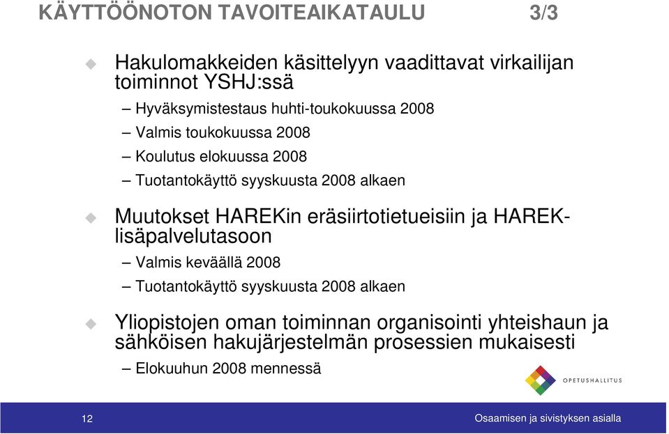 eräsiirtotietueisiin ja HAREKlisäpalvelutasoon Valmis keväällä 2008 Tuotantokäyttö syyskuusta 2008 alkaen Yliopistojen oman