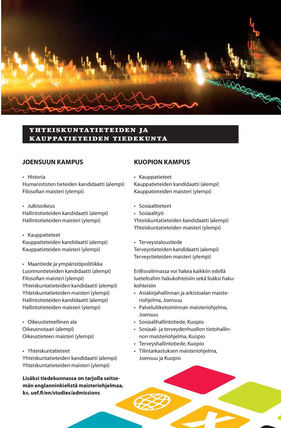 Sosiaalityö Yhteiskuntatieteiden kandidaatti (alempi) Yhteiskuntatieteiden maisteri (ylempi) Kauppatieteet Kauppatieteiden kandidaatti (alempi) Kauppatieteiden maisteri (ylempi) Maantiede ja