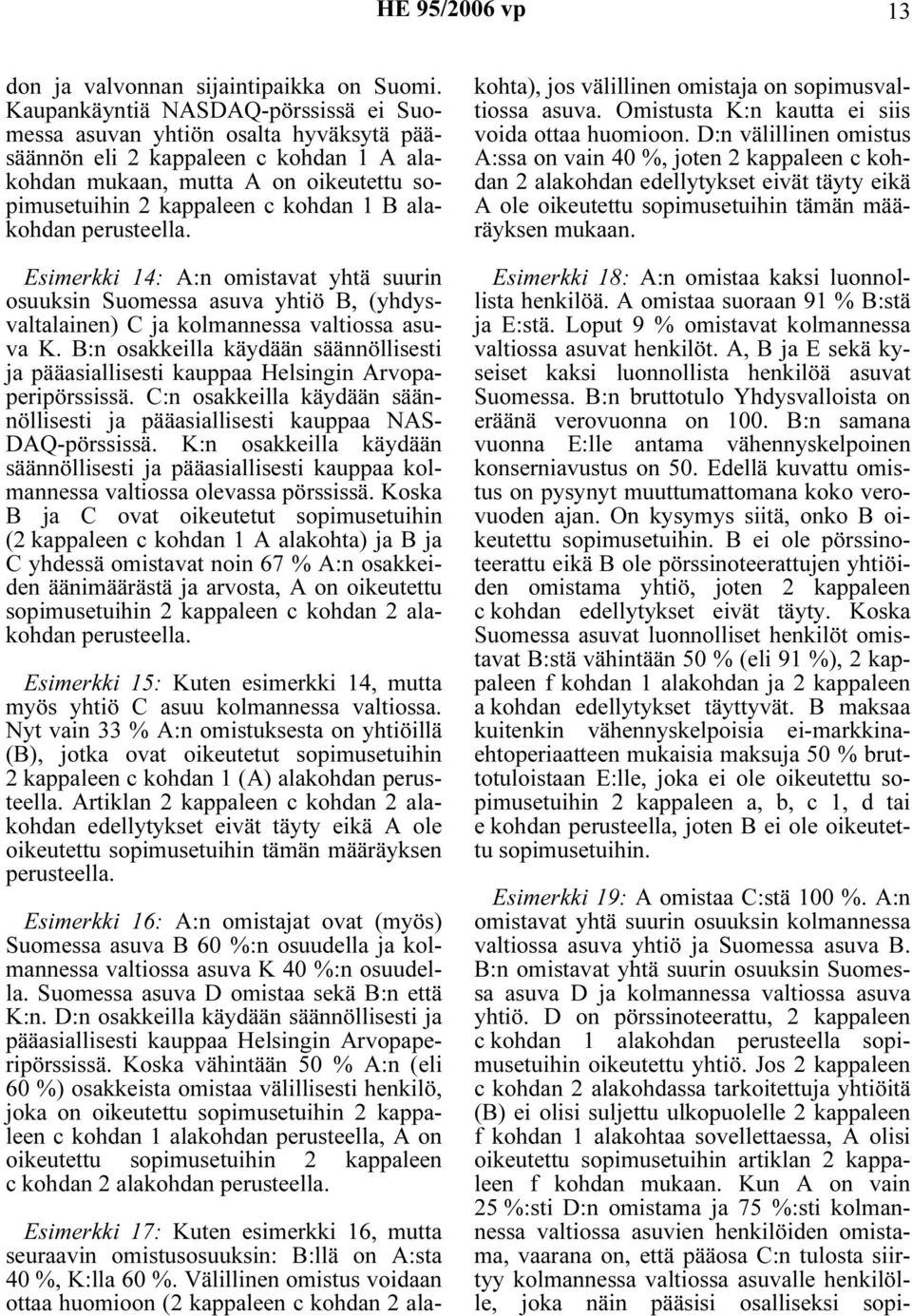 alakohdan perusteella. Esimerkki 14: A:n omistavat yhtä suurin osuuksin Suomessa asuva yhtiö B, (yhdysvaltalainen) C ja kolmannessa valtiossa asuva K.