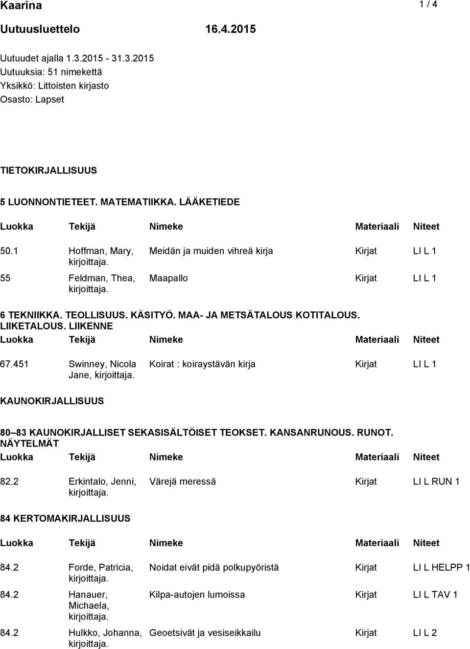 LIIKENNE 67.451 Swinney, Nicola Jane, Koirat : koiraystävän kirja Kirjat LI L 1 KAUNOKIRJALLISUUS 80 83 KAUNOKIRJALLISET SEKASISÄLTÖISET TEOKSET. KANSANRUNOUS. RUNOT. NÄYTELMÄT 82.